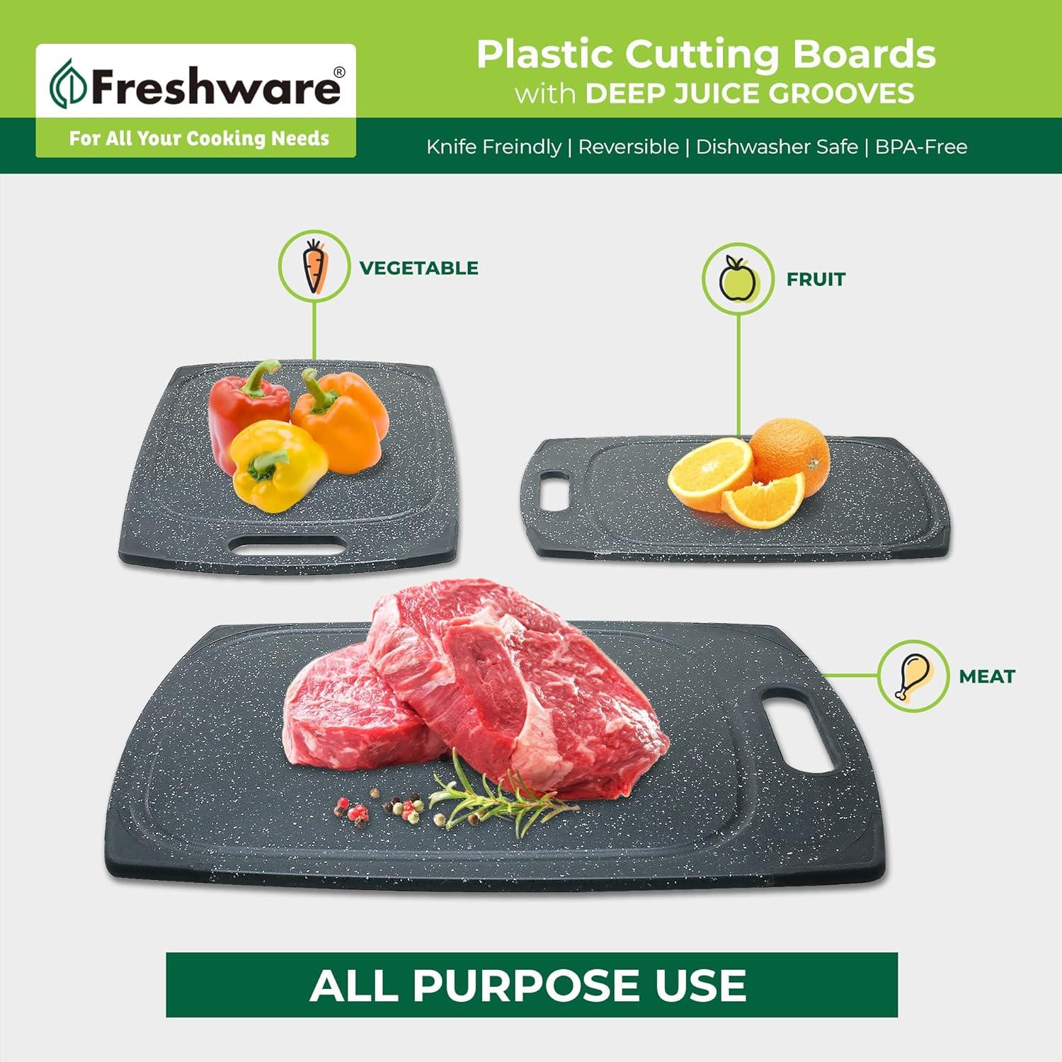 Plastic Cutting Boards for Kitchen, Cutting Board Set of 3, Juice Grooves with Easy Grip Handle, BPA-Free, Non-Porous, Dishwasher Safe, Black Marble