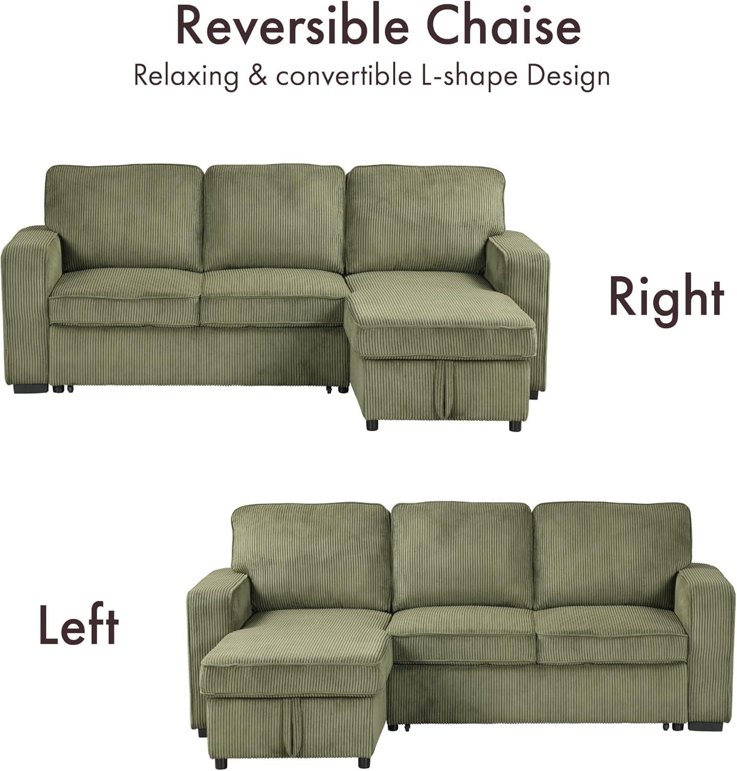 HOMES: Inside + Out Paeke Sleeper Sectional Sofa Corduroy with Storage Chaise and Reversible Green