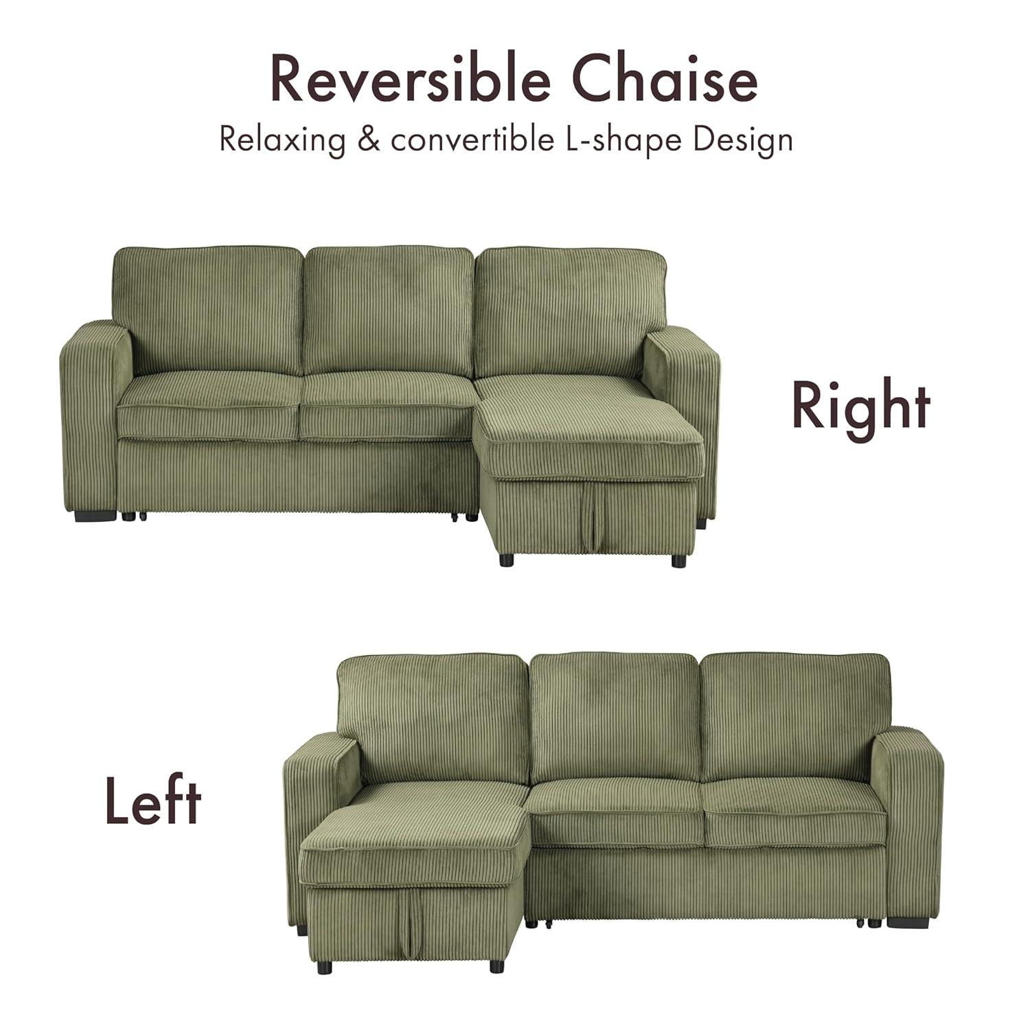 HOMES: Inside + Out Paeke Sleeper Sectional Sofa Corduroy with Storage Chaise and Reversible Green