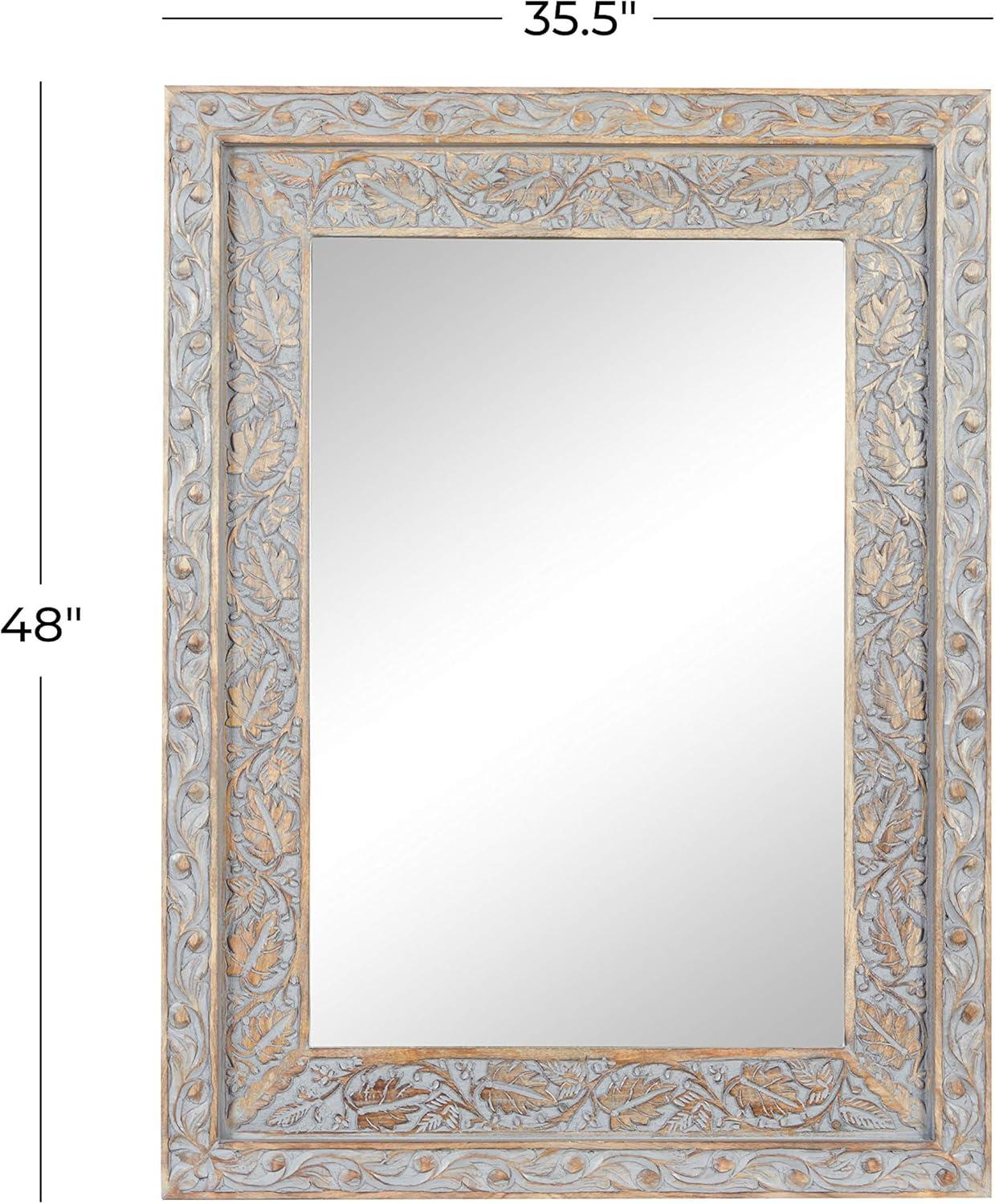 DecMode 36" x 48" Gray Handmade Intricately Carved Floral Wall Mirror