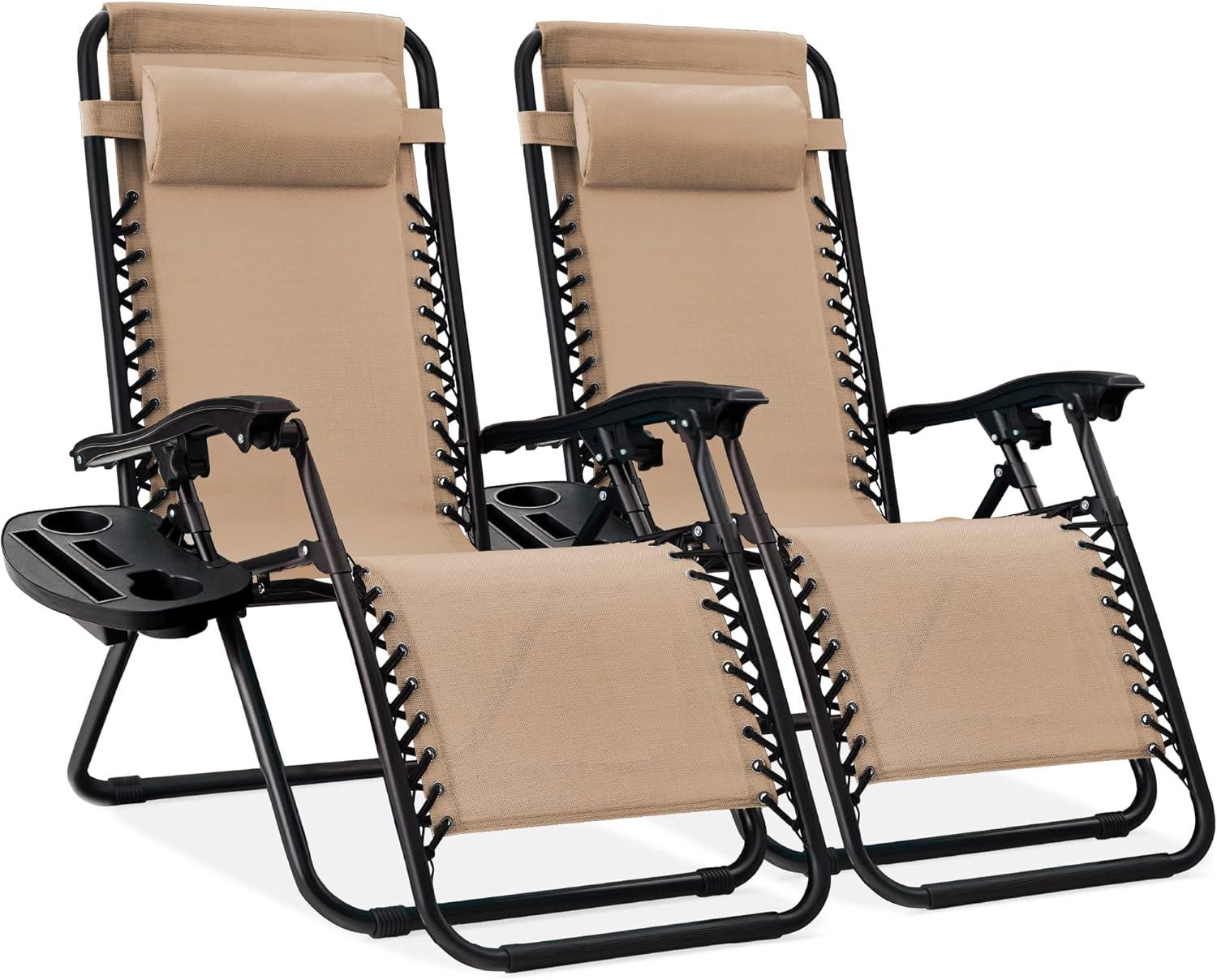 Best Choice Products Set of 2 Zero Gravity Lounge Chair Recliners for Patio, Pool w/ Cup Holder Tray - Sand