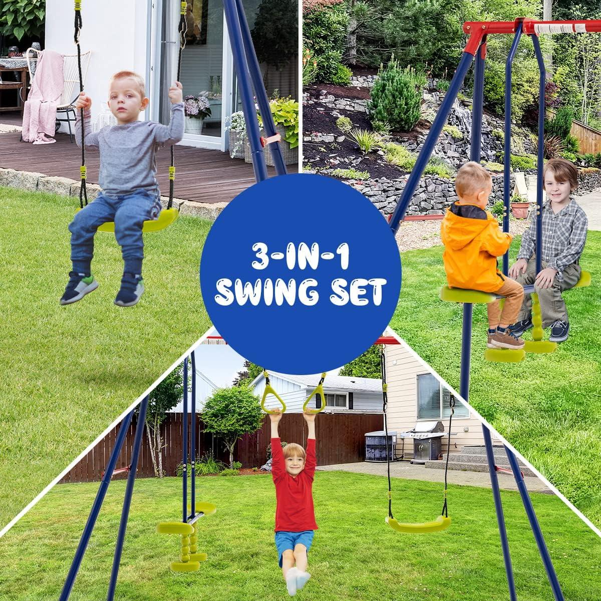 OLAKIDS Swing Sets for Backyard, Outdoor 3 in 1 A-Frame Heavy Duty Metal Stand for Kids and Adults, 440LBS Playground Activity Playset with Swing Seat, Glider, Trapeze Rings for Toddlers