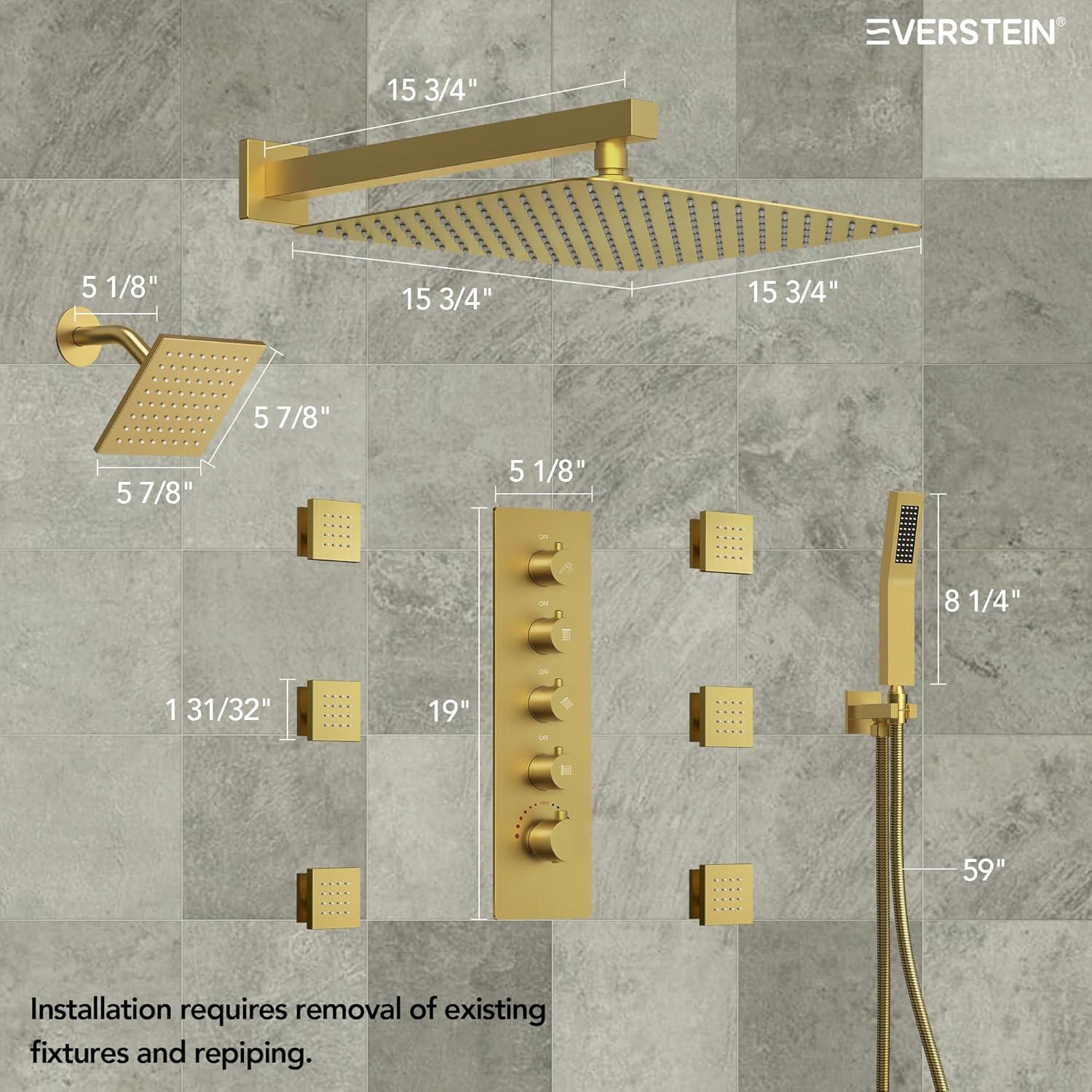 DualJetSpa 16-Inch Rainfall Shower System with Handheld Spray, Dual Showerheads, 6 Body Jets, and Thermostatic Valve