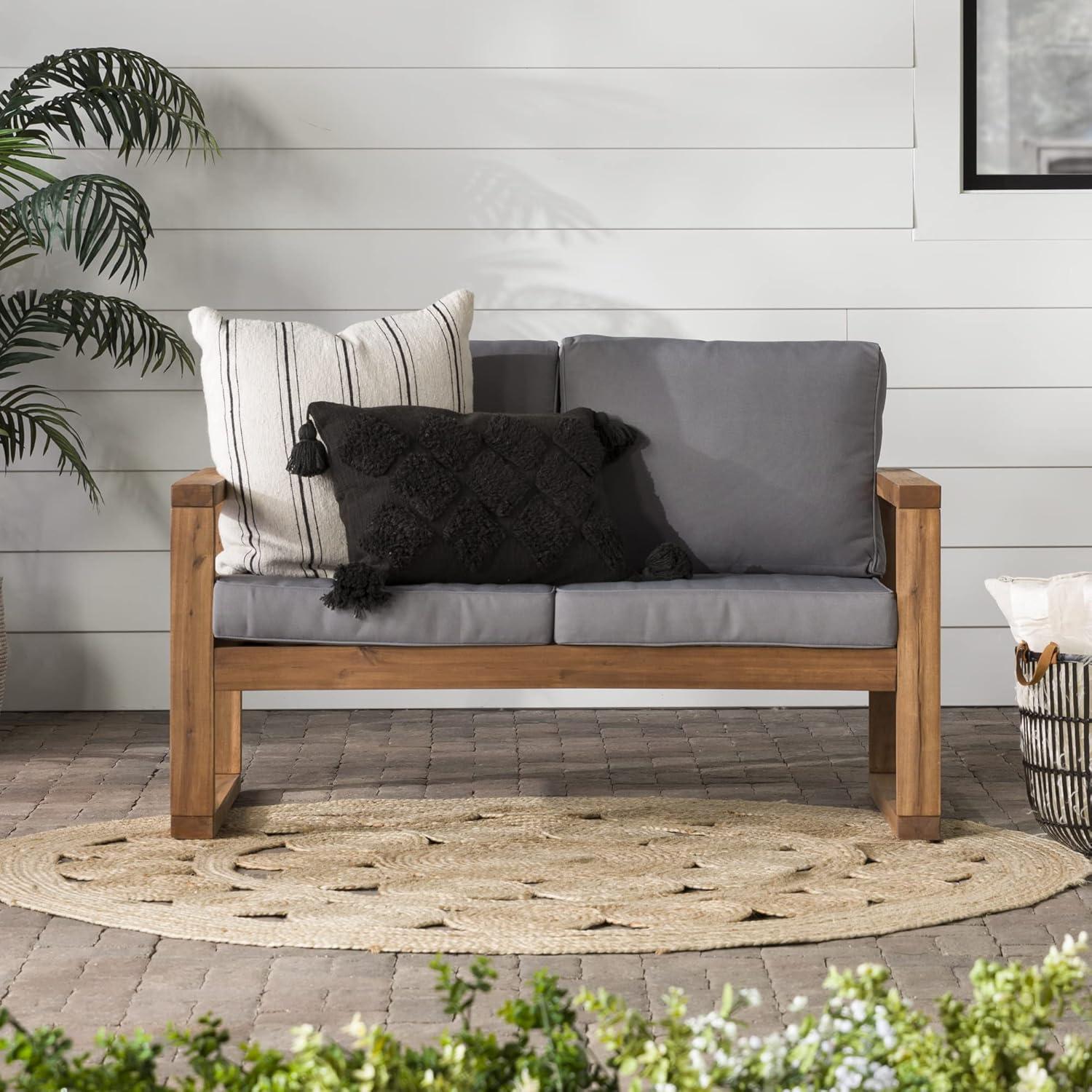 Walker Edison Hudson Acacia Wood Patio Love Seat with Gray Cushions in Brown