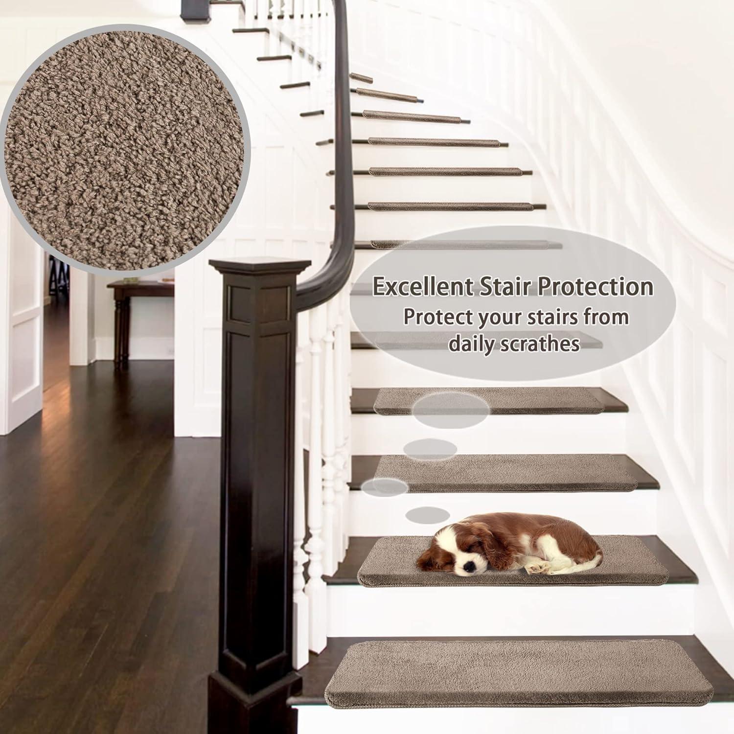 Soft Plush Brown 9.5 in. x 30 in. x 1.2 in. Bullnose Indoor Stair Tread Cover Tape Free Non-slip Carpet Set of 14