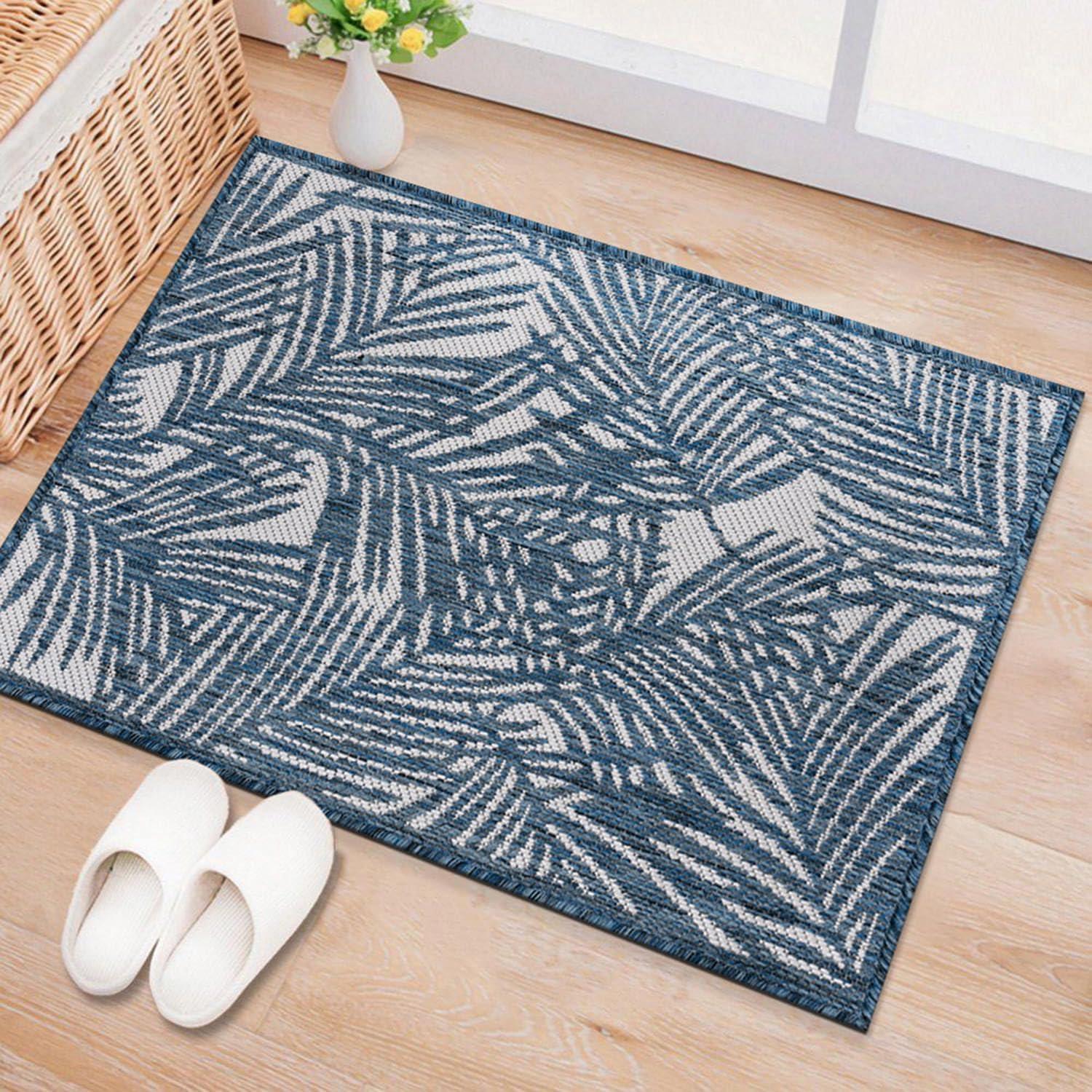 World Rug Gallery Contemporary Palm Leaf Textured Flat Weave Indoor/Outdoor Area Rug - NAVY 2'x3'