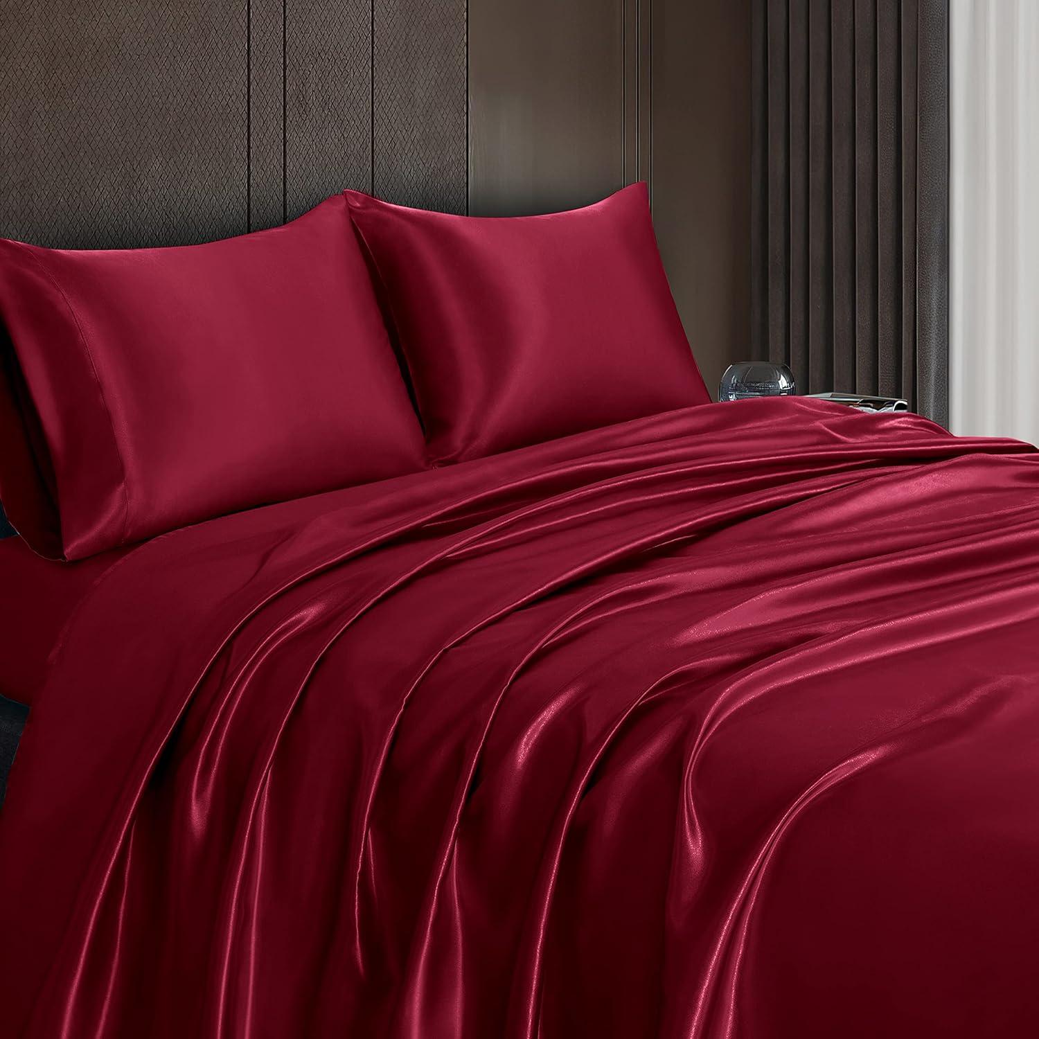 Cloud Fino Luxurious Satin Bed Sheets Burgundy Silk Sheets King 15 " Deep Pocket Pillowcases Sheet, 4-Piece