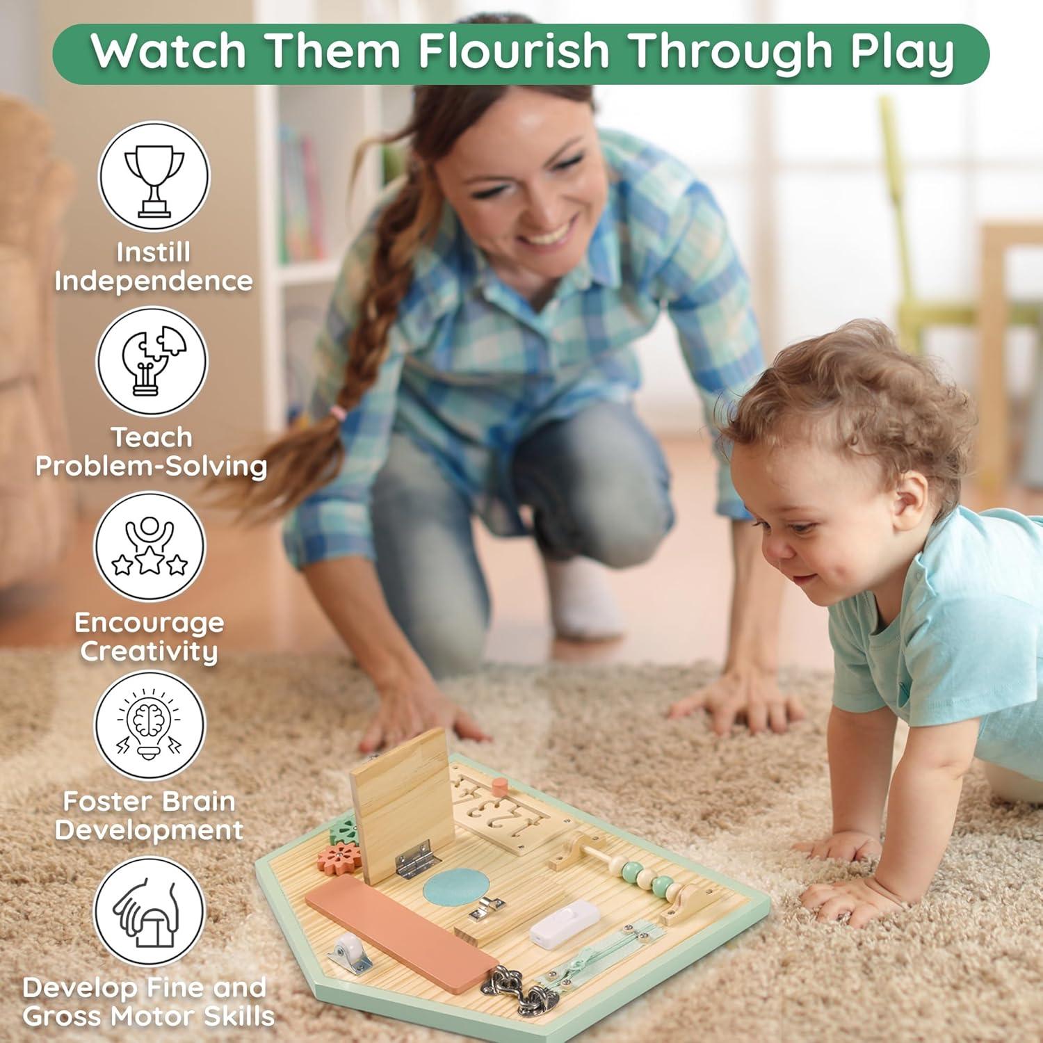 HomeSkill Wall & Travel Busy Board Panel – Can Be Personalized – Sensory Toy with 11 Activities – Solid Wooden Activity Board to Promote Early Childhood Development – Perfect for Toddler Playrooms