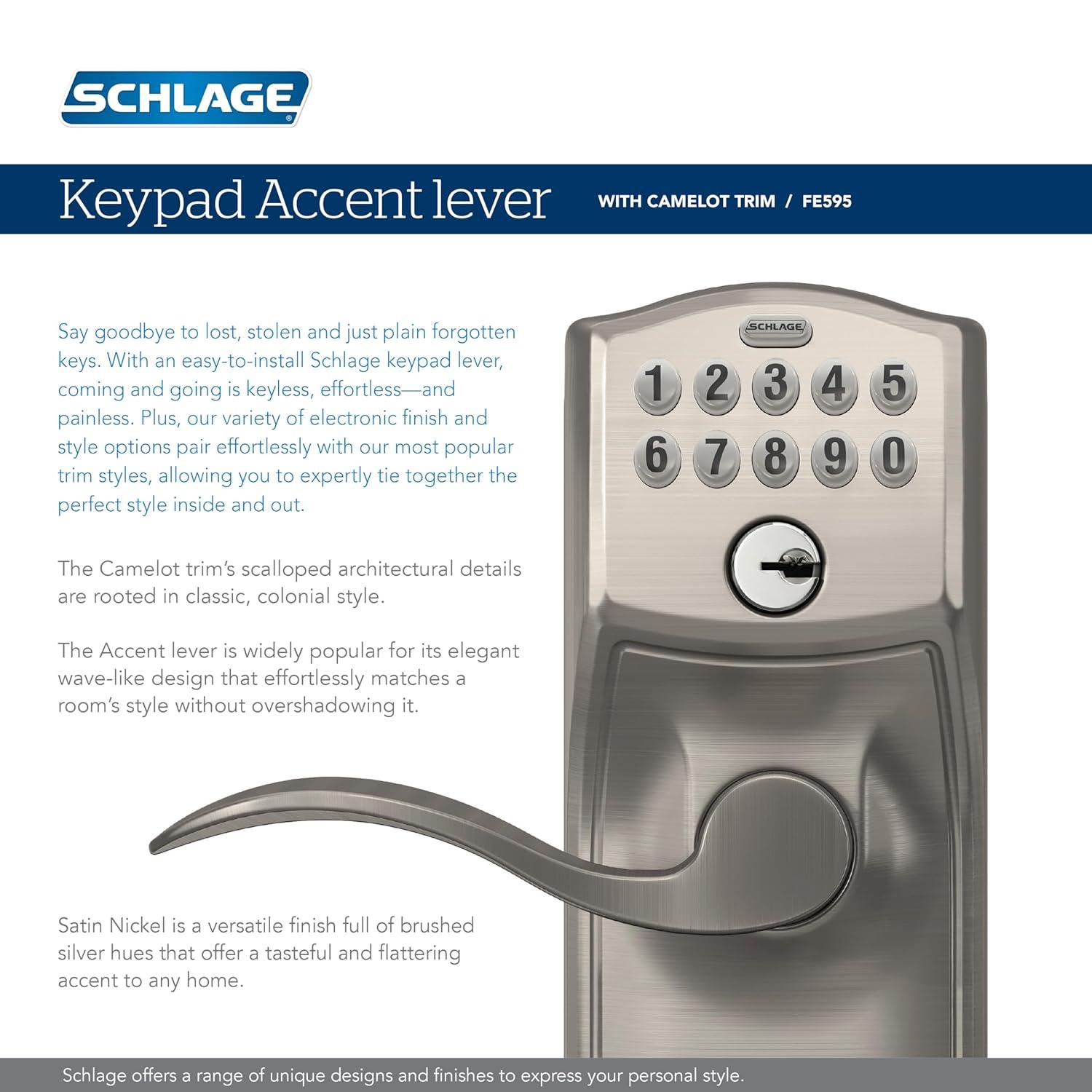 Schlage FE595 Camelot By Accent Keypad with 16211 Latch 10063 Strike Entry Flex-Lock Electronic Keypad with 16211 Latch 10063 Strike Satin Chrome Finish