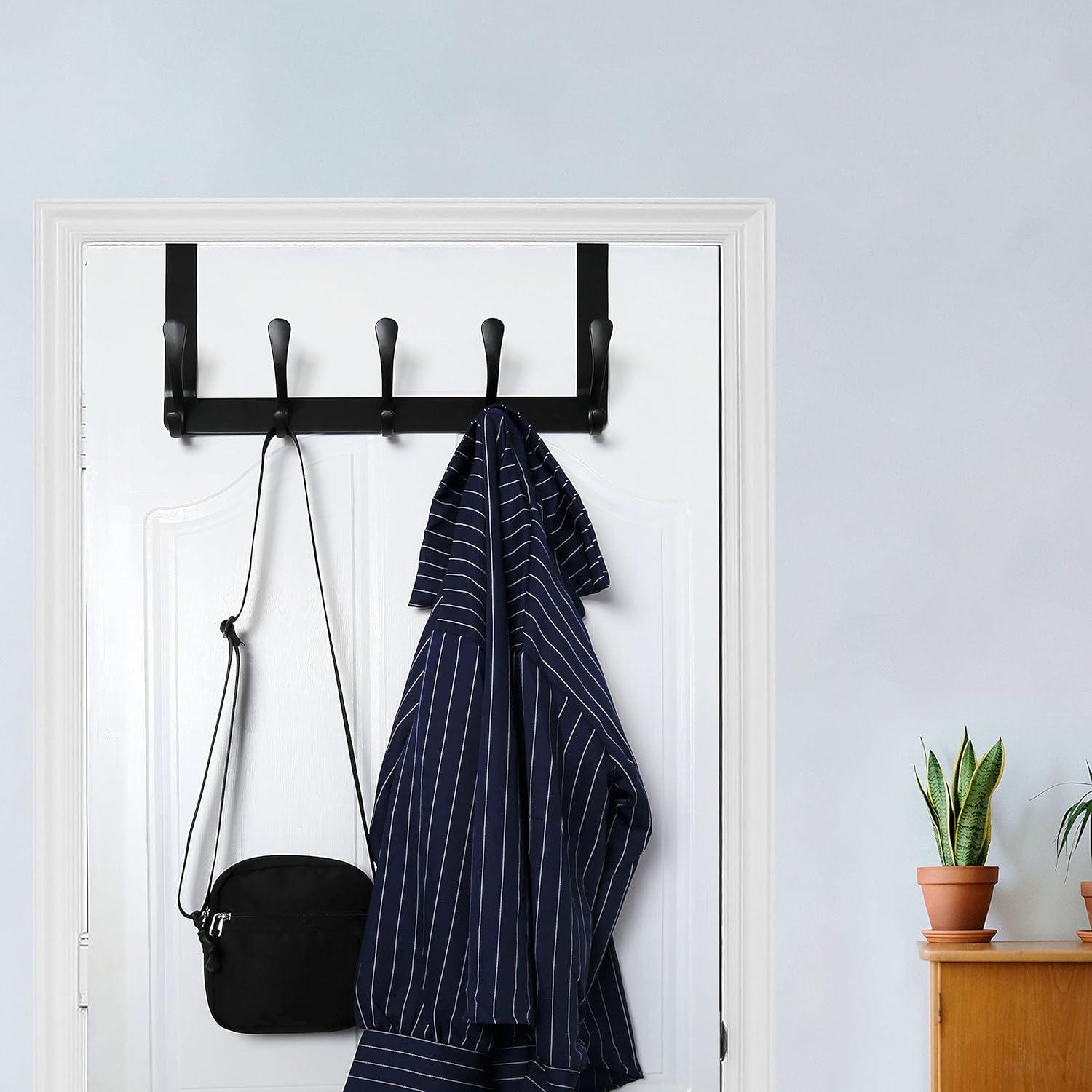 WEBI Over The Door Hook,Door Hanger Hook Rack with 5 Tri Hooks for Hanging Coats,Over Door Towel Rack Door Coat Towel Hanger Door Coat Rack for Bathroom,Behind Back of Door,Black