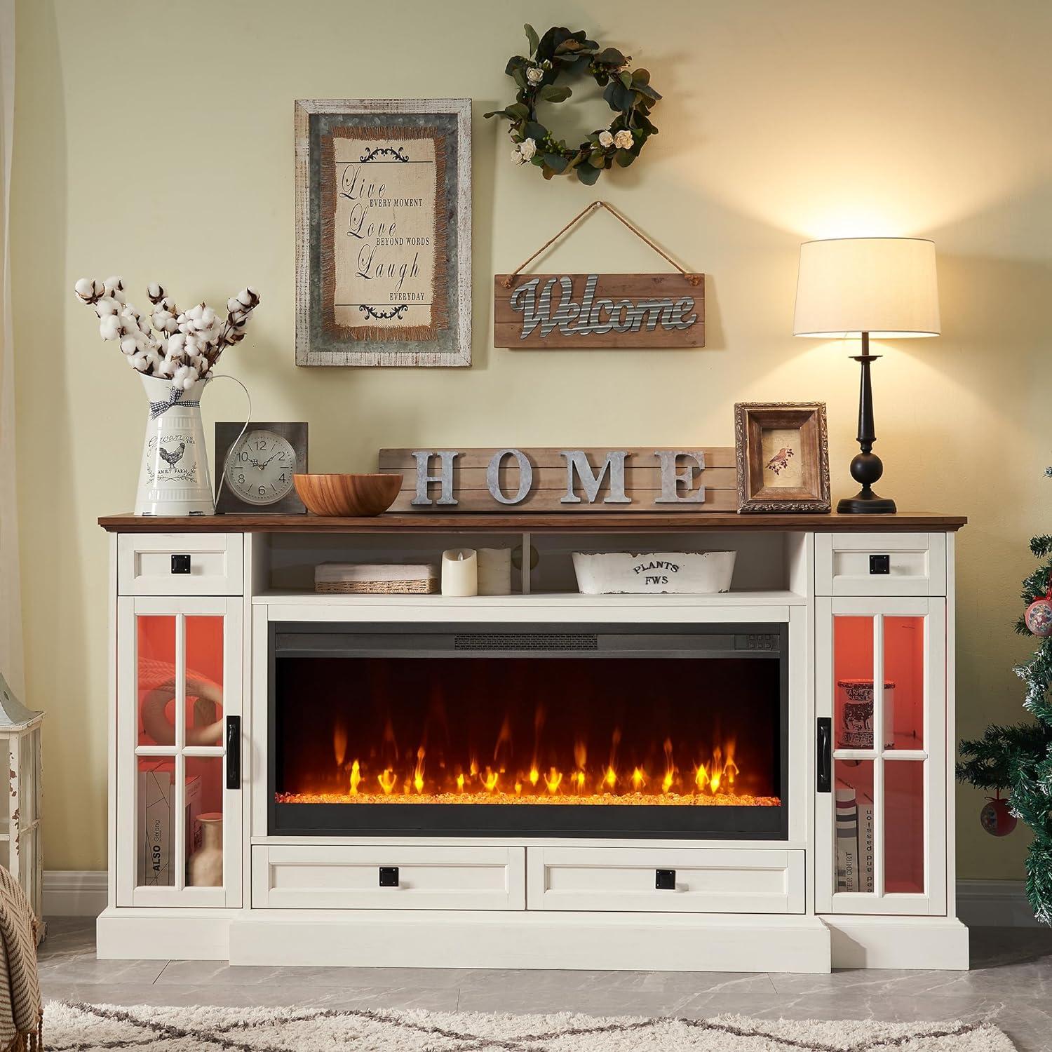 OKD Fireplace TV Stand for TVs up to 80",Farmhouse Entertainment Center with 42" Fireplace & LED Lights, White