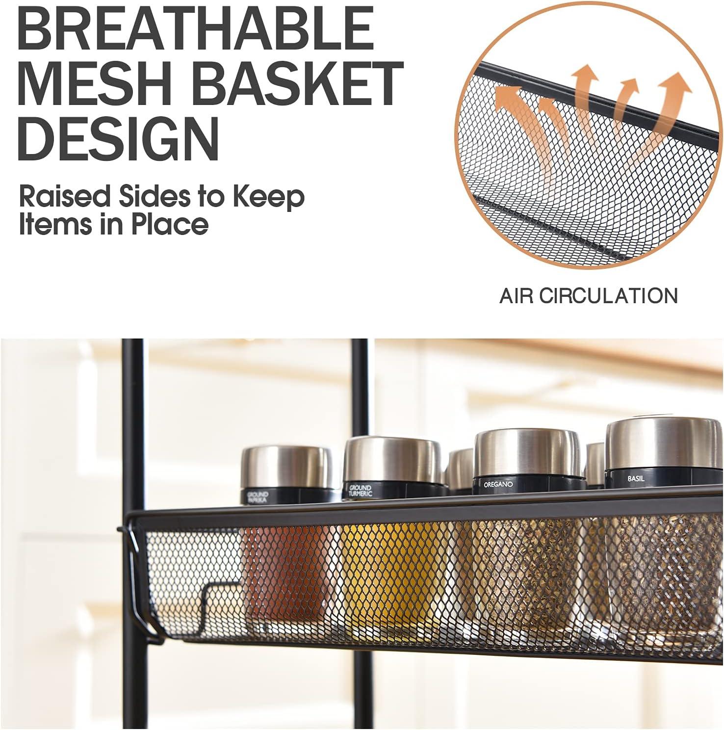 KINGRACK 4-Tier Slim Rolling Cart,Metal Utility Cart,Slide Out Storage Cart with Wooden Tabletop and Mesh Baskets for Narrow Space on Kitchen Bathroom Laundry Room Bedroom Apartments Dormitory, Black