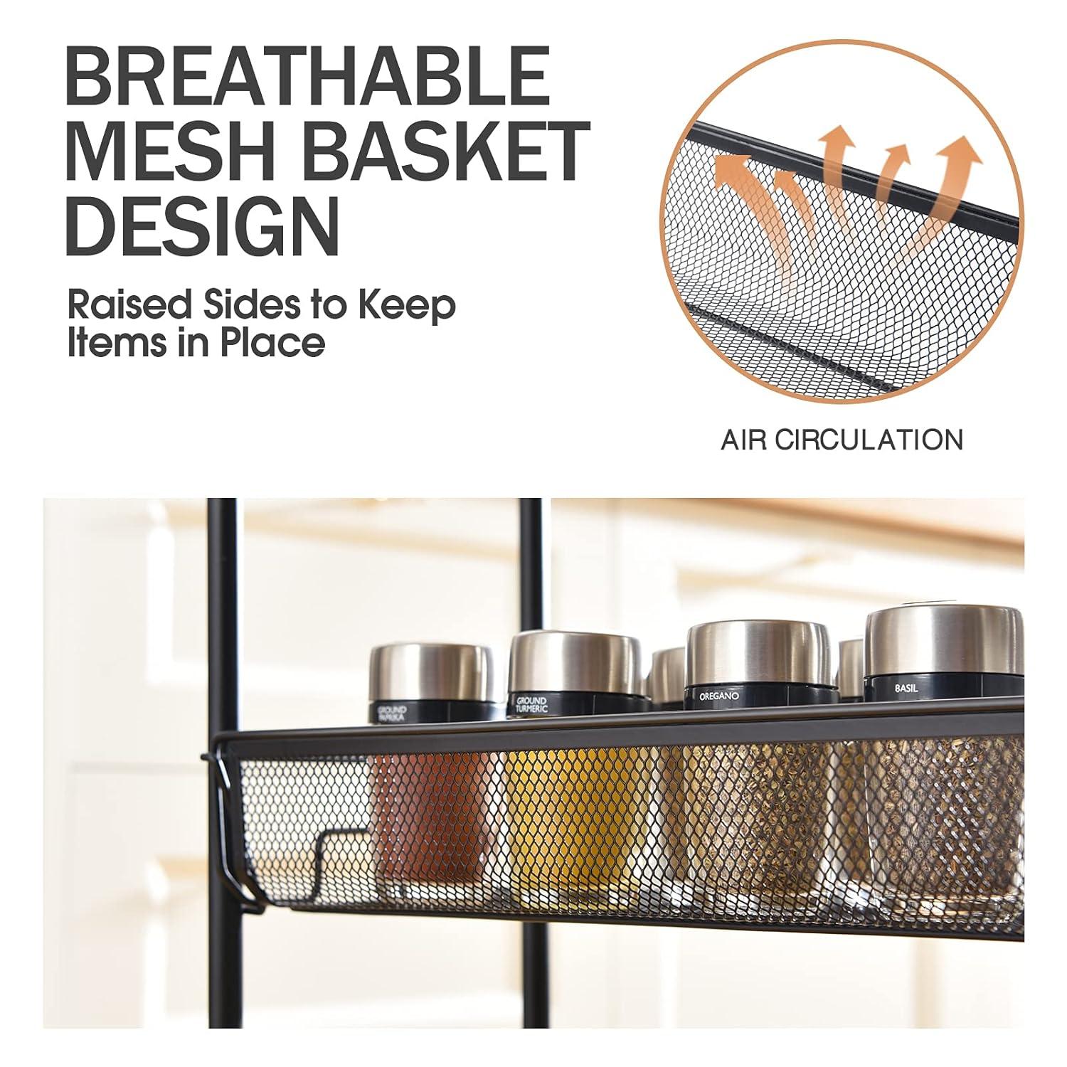 KINGRACK 4-Tier Slim Rolling Cart,Metal Utility Cart,Slide Out Storage Cart with Wooden Tabletop and Mesh Baskets for Narrow Space on Kitchen Bathroom Laundry Room Bedroom Apartments Dormitory, Black