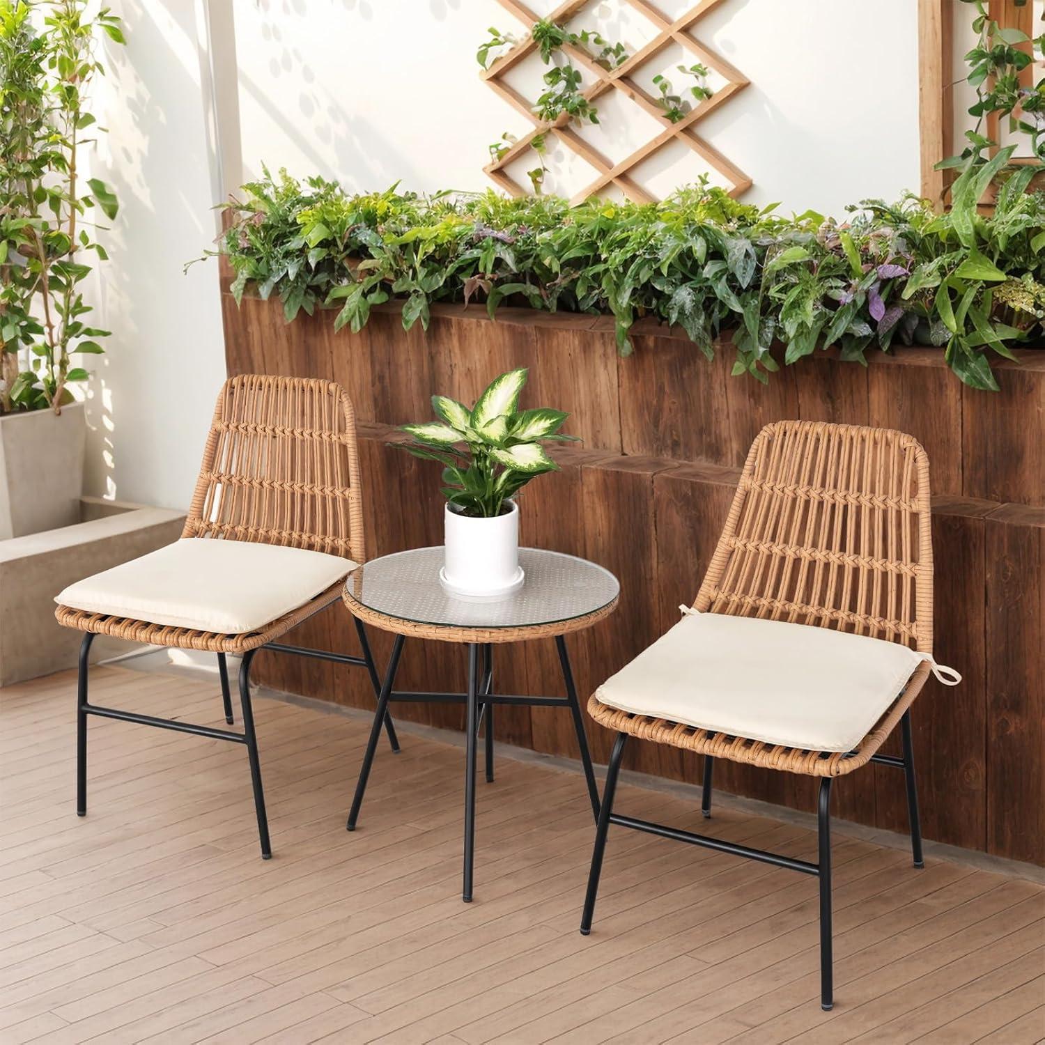 Black Steel and Wicker 3-Piece Patio Bistro Set with Beige Cushions