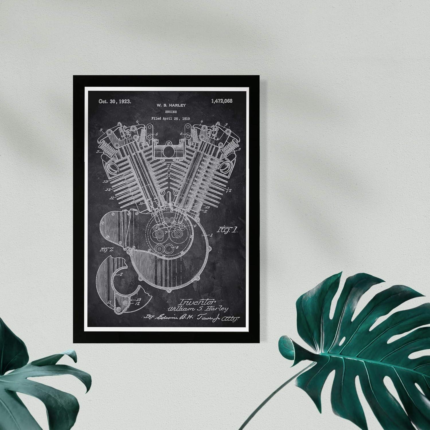 Wynwood Studio Transportation Framed Wall Art Prints 'Harley Engine 1923 Chalkboard' Motorcycles Home Décor - Black, White, 13" x 19"