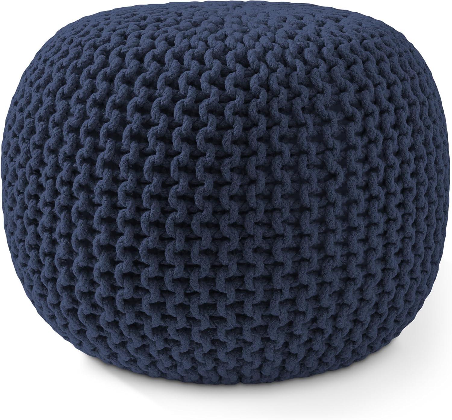Casafield Round Pouf Ottoman, Navy Blue - 20" Dia x 14.5" High Cotton Knit Foot Stool - Boho Floor Pouffe for Living Room