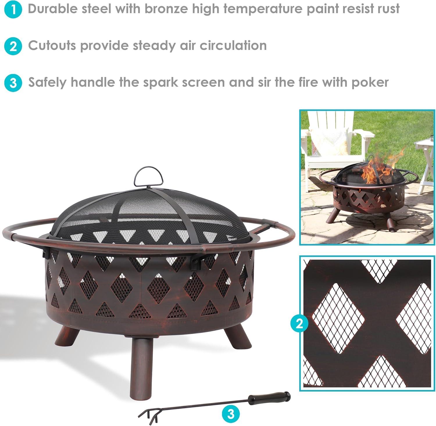 Alcott Hill® Mast Round Wood-Burning Bronze Finish Crossweave Fire Pit with Screen and Poker
