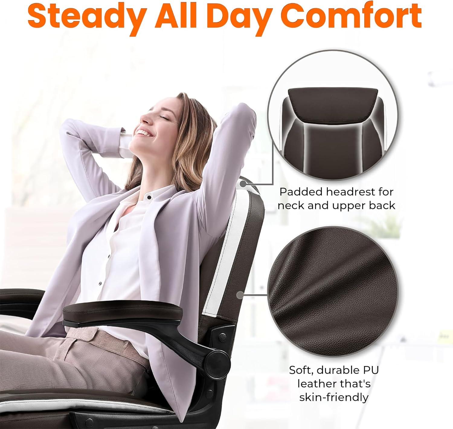 Brown PU Leather Ergonomic Office Chair with Flip-up Arms