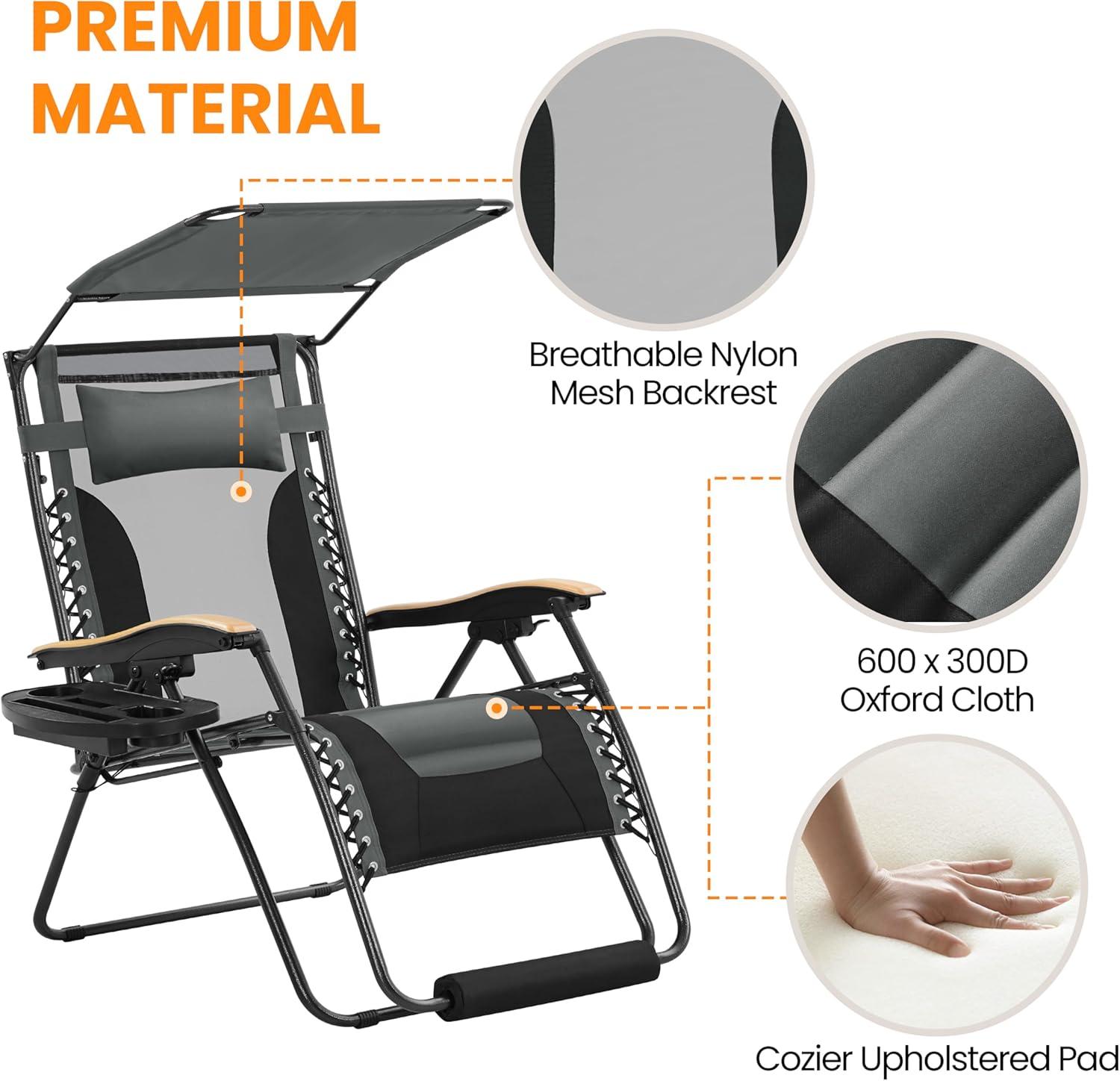Yaheetech 29in Zero Gravity Chair, Adjustable Patio Padded Anti Gravity Recliner Foldable Outdoor Lounger with Cup Holder Tray, Canopy Shade and Headrest for Beach Camping Gray/Black/1