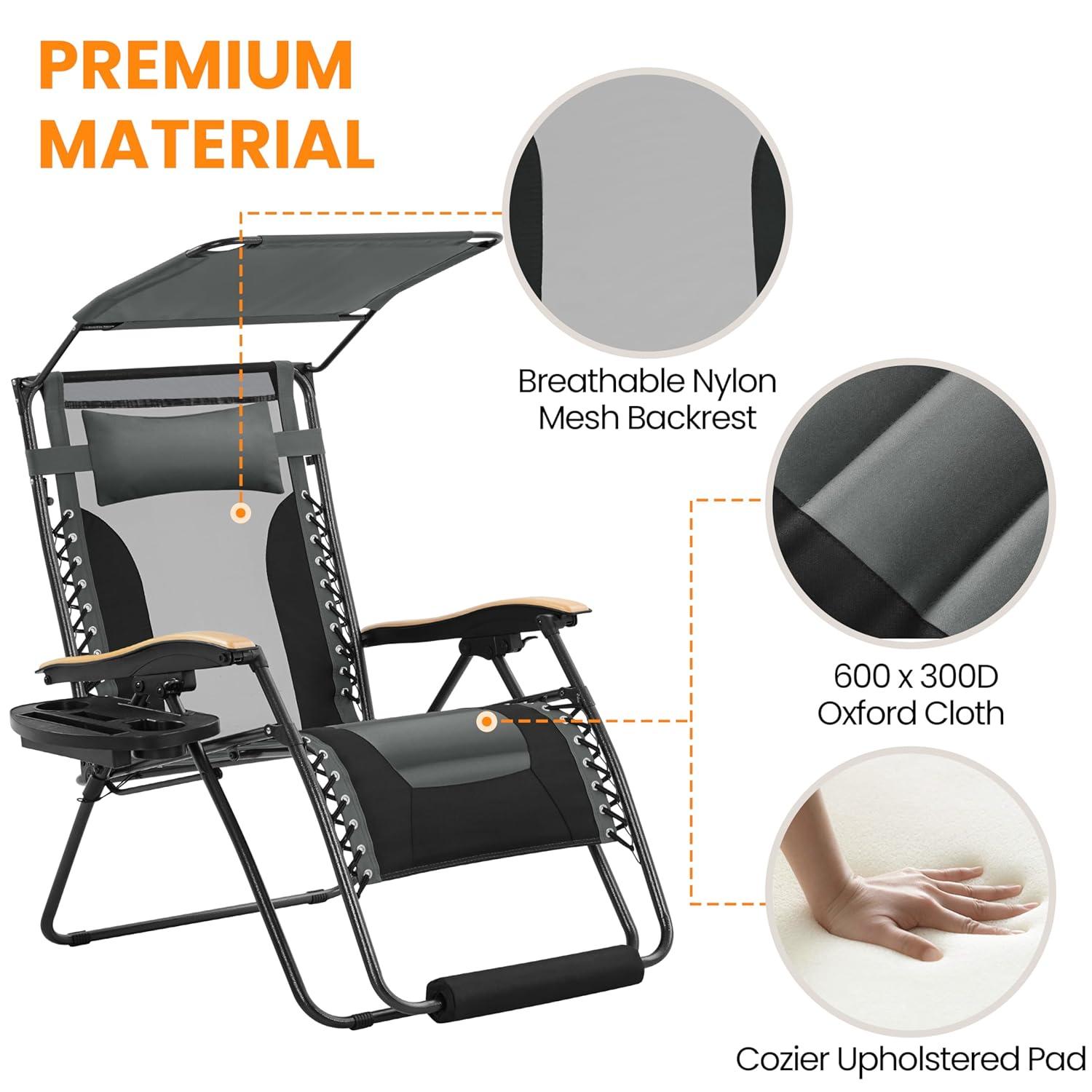 Yaheetech 29in Zero Gravity Chair, Adjustable Patio Padded Anti Gravity Recliner Foldable Outdoor Lounger with Cup Holder Tray, Canopy Shade and Headrest for Beach Camping Gray/Black/1