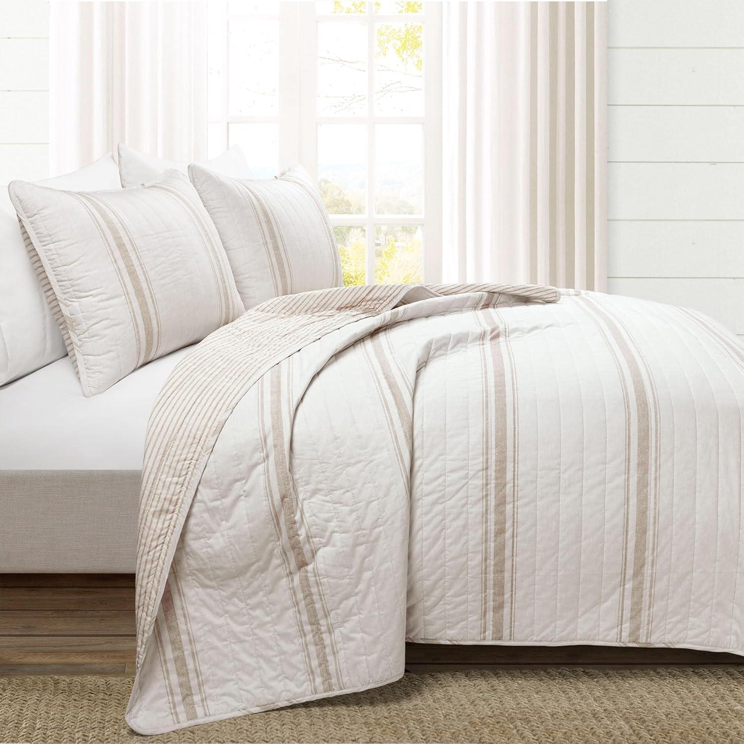 3pc Full/Queen Farmhouse Striped Reversible Quilt Bedding Set Beige - Lush Décor