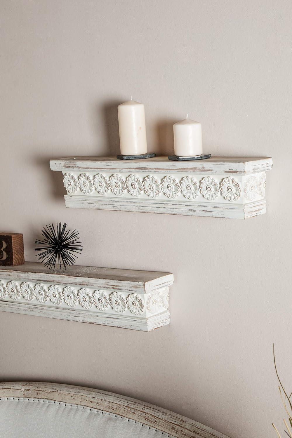 DecMode 28" x 5" Intricate Carved 1-Tier White Floral Wall Shelf