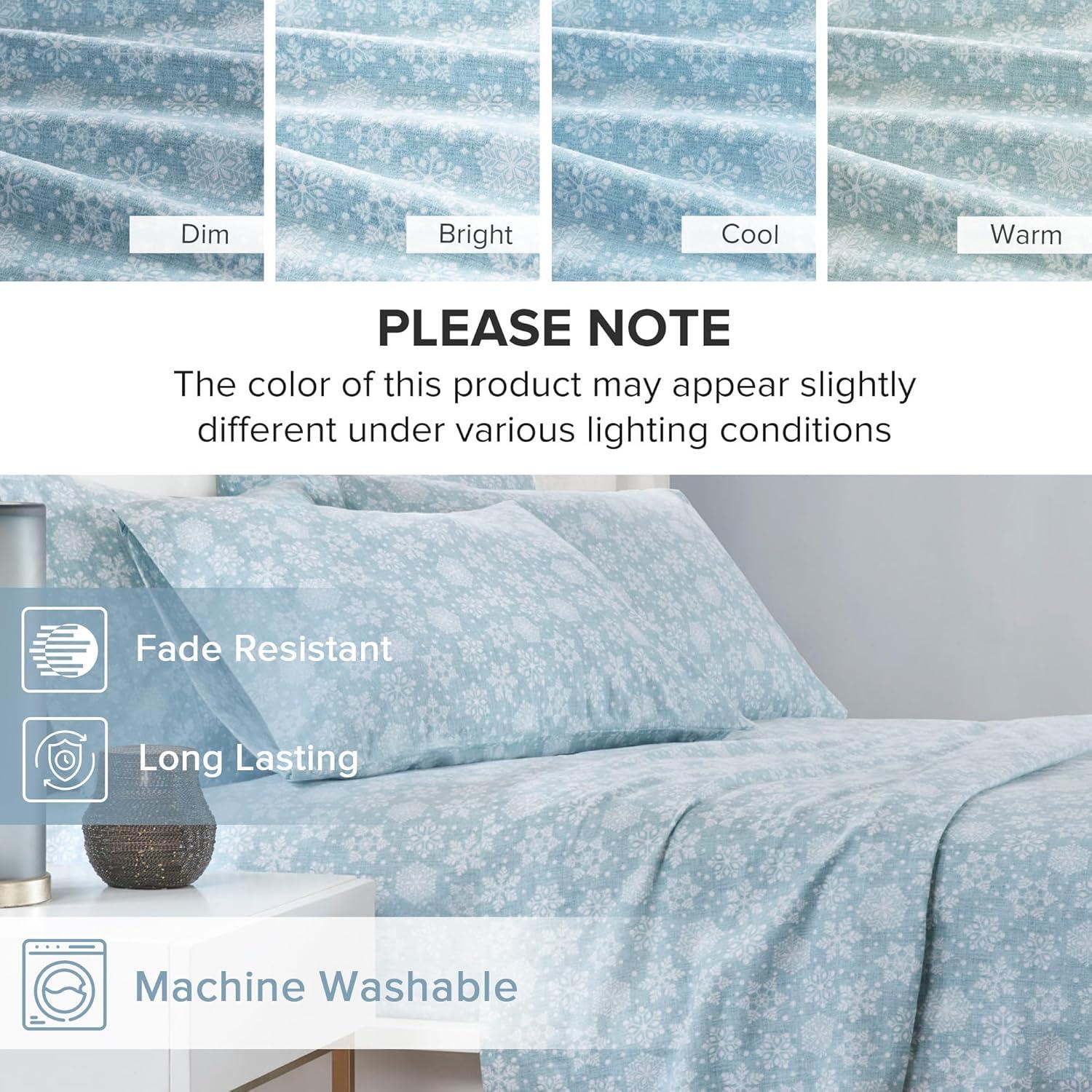 Comfort Spaces Twin Sheet Set, Flannel Bed Sheets Twin, 100% Cotton Bed Sheets Set with Deep Pocket, 3-Piece Snowflakes Blue