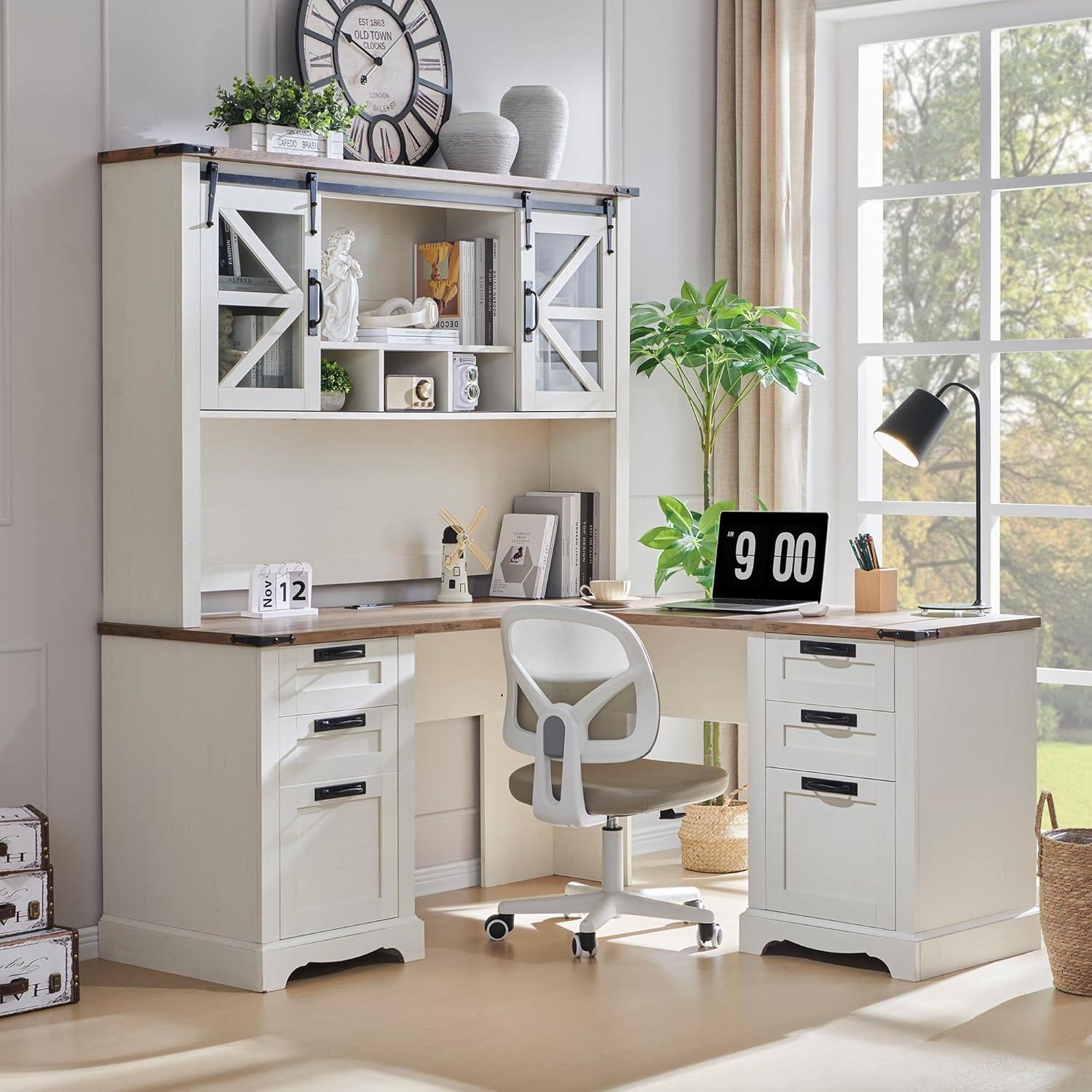 RedLemon 60" Farmhouse L Shaped Desk with Hutch, Wood Home Office Executive Desk with Drawer, Charging Station, File Drawer, Storage Cabinet, Rustic Writing Computer Desk (Antique White)