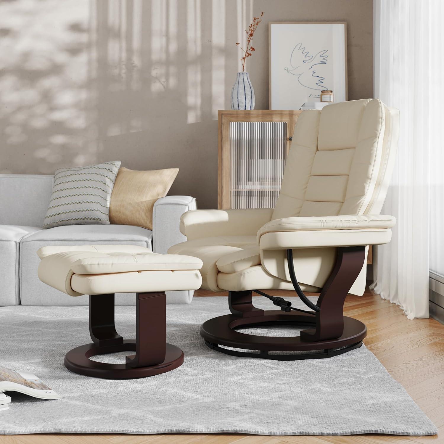 Flash Furniture Bali Contemporary Multi-Position Recliner with Horizontal Stitching and Ottoman with Swivel Mahogany Wood Base in Beige LeatherSoft