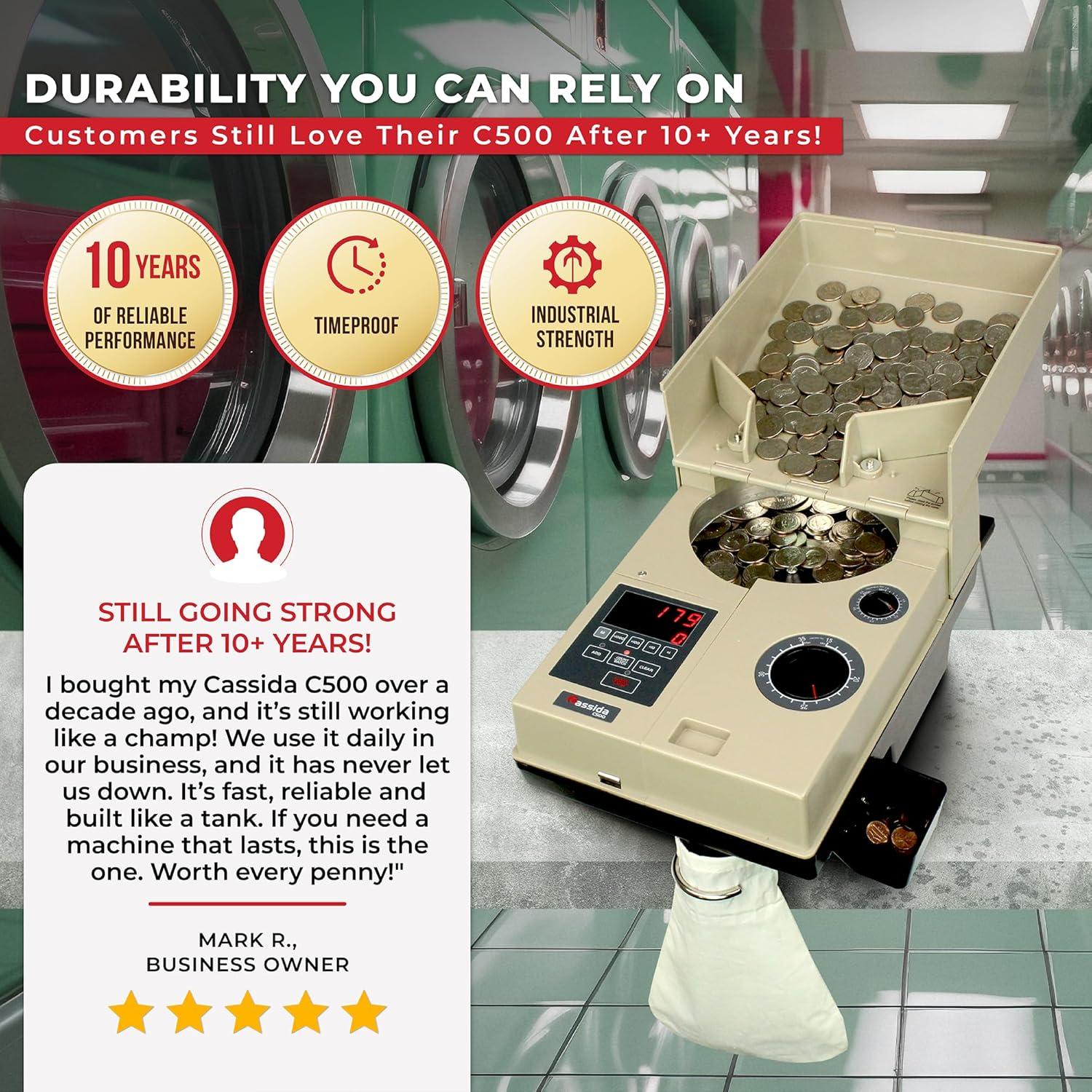Cassida C500 Coin Counter/Sorter with a 2000 Coins Per Minute | Large Hopper Capacity with 4000 coins
