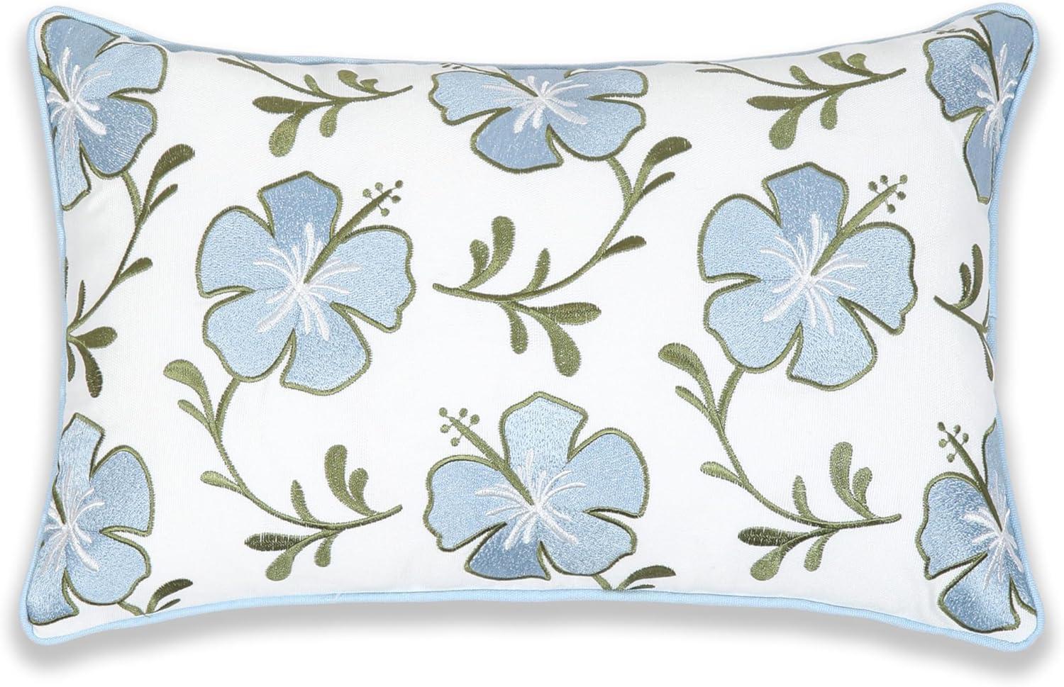 Hofdeco Premium Coastal Patio Indoor Outdoor Lumbar Pillow Cover Only, 12"x20" Water Repellent for Backyard, Couch, Baby Blue Green Embroidered Hibiscus Floral with Piping