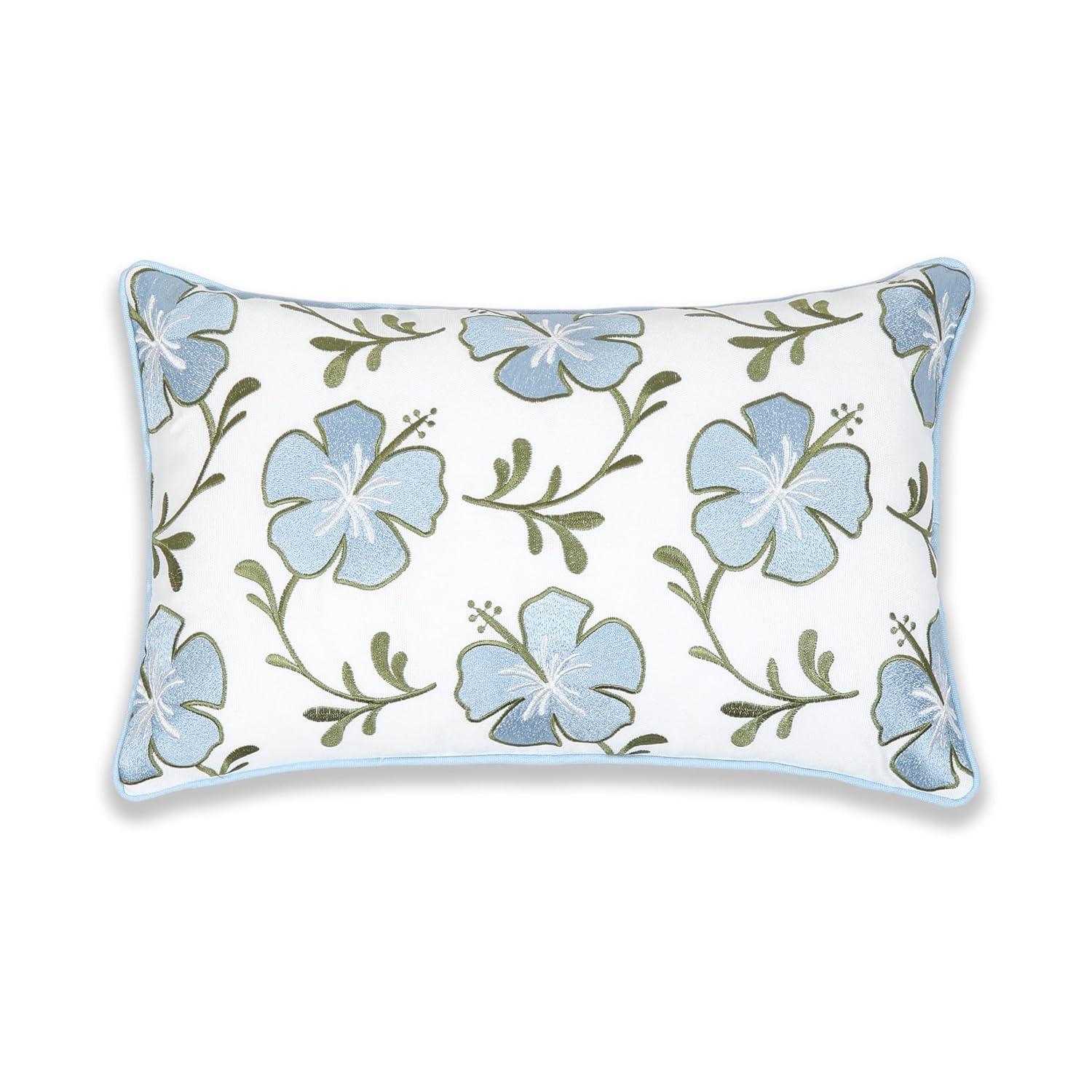 Hofdeco Premium Coastal Patio Indoor Outdoor Lumbar Pillow Cover Only, 12"x20" Water Repellent for Backyard, Couch, Baby Blue Green Embroidered Hibiscus Floral with Piping