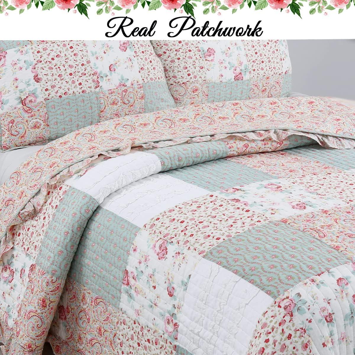 Cozy Line Home Fashions 100% Cotton Real Patchwork Floral Coral Pink Ruffled Shabby Chic Girly Reversible Quilt Bedding Set, Coverlet Bedspread (Sweet Roses, Queen - 3 Piece)