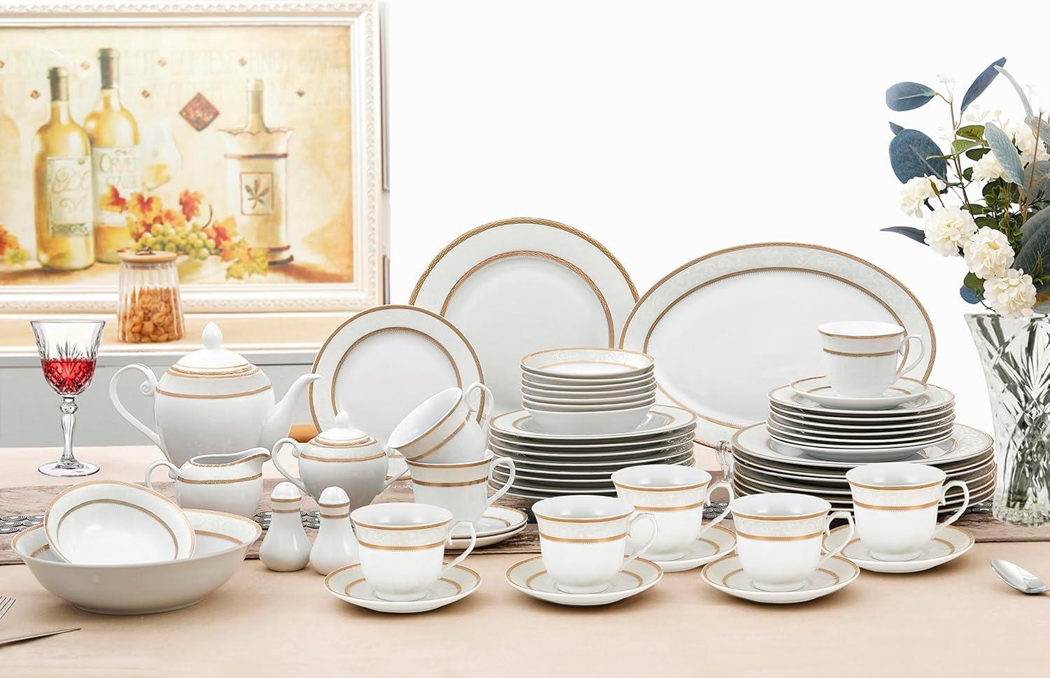 Amelia White and Gold 57-Piece Porcelain Dinnerware Set