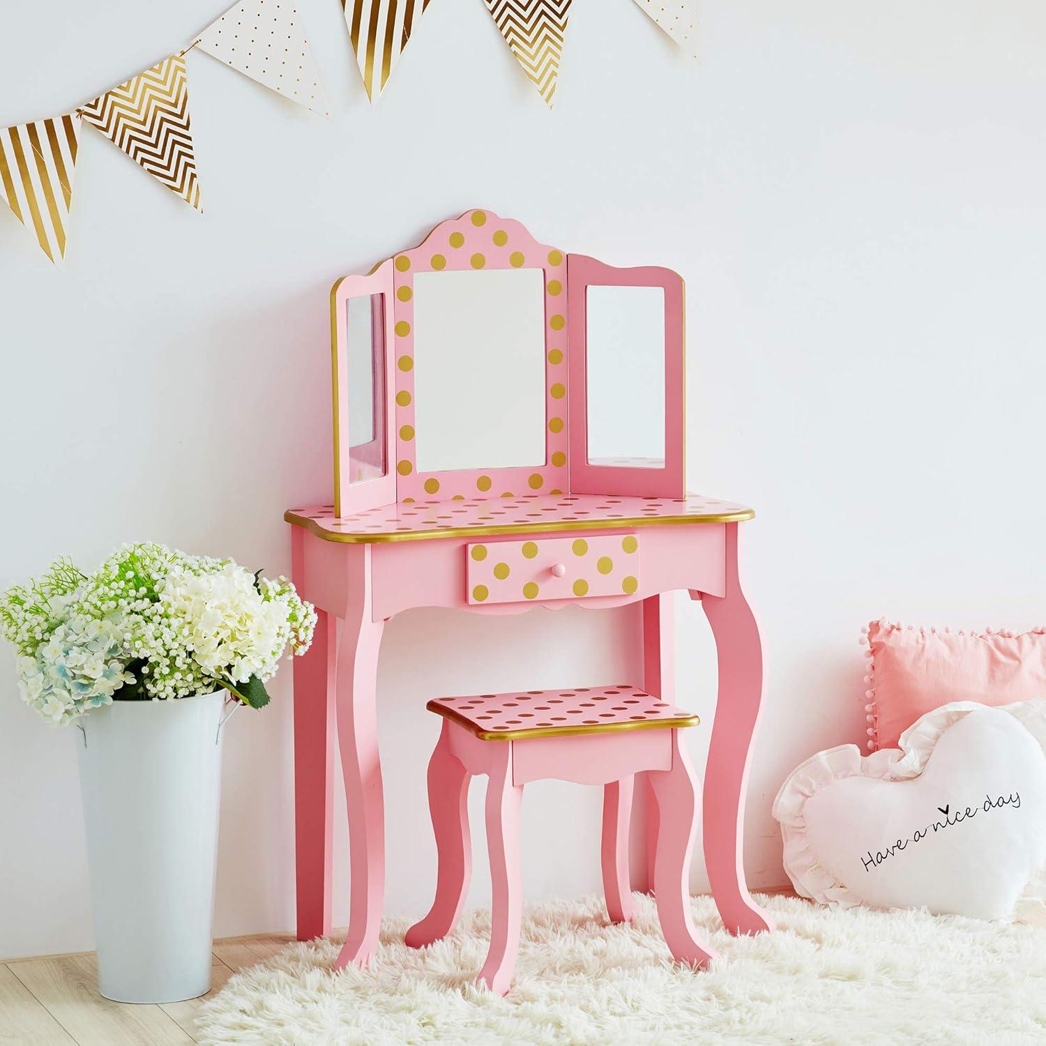 Pink and Gold Polka Dot Kids Vanity Set with Bench