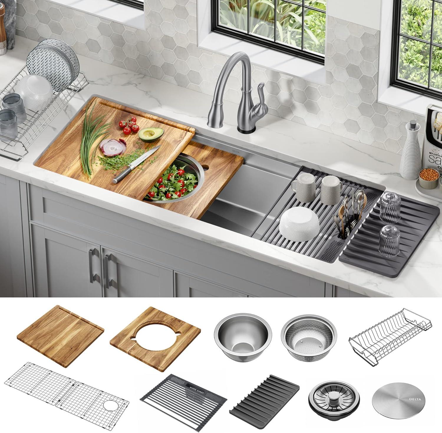 Delta Lorelai™ 45" L Workstation Kitchen Sink Undermount 16 Gauge Stainless Steel Single Bowl with 2-Tier WorkFlow™ Ledge