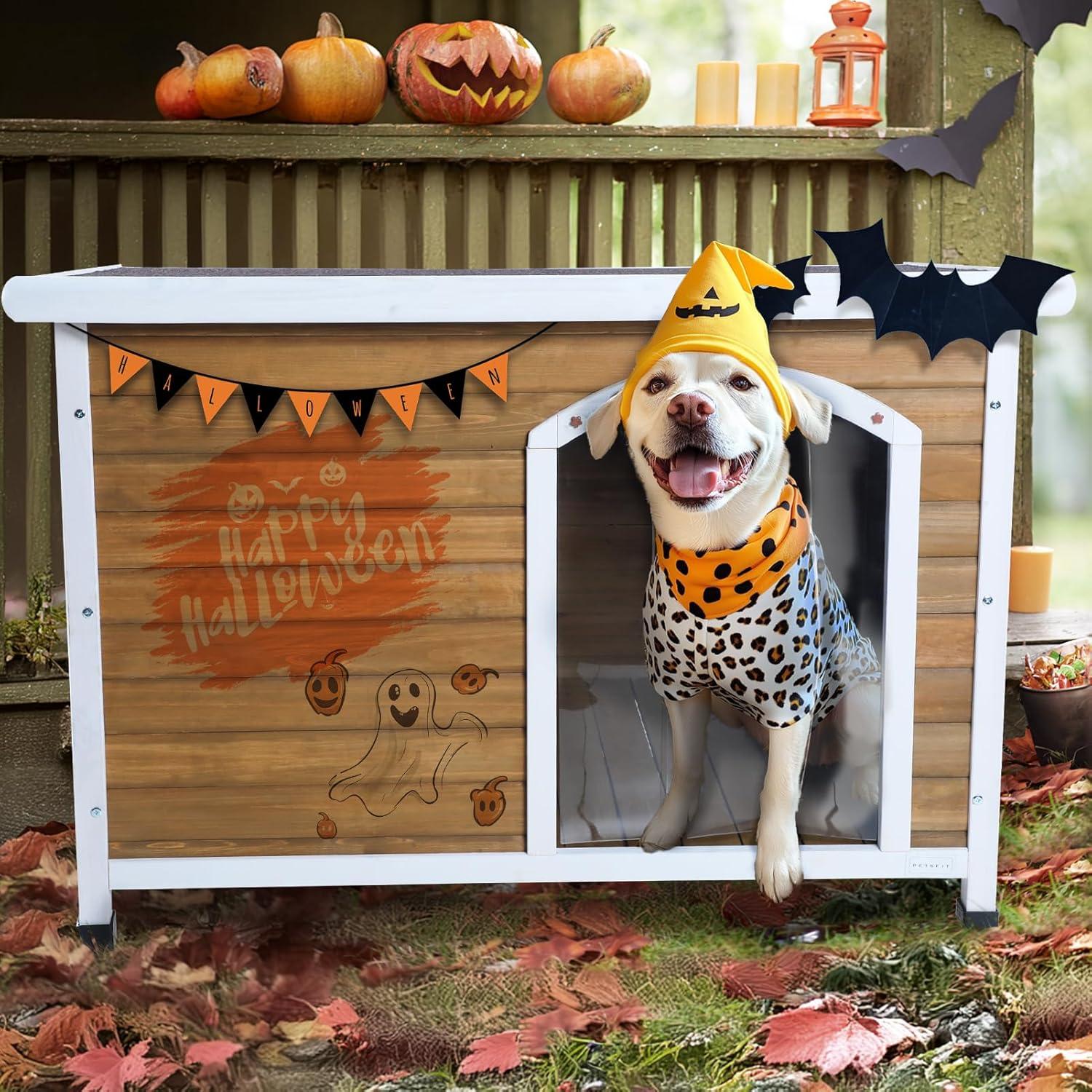 Petsfit Wooden Dog House for Medium to Large Dogs, Yellow and White, large/45.6" x 30.9" x 32.1"