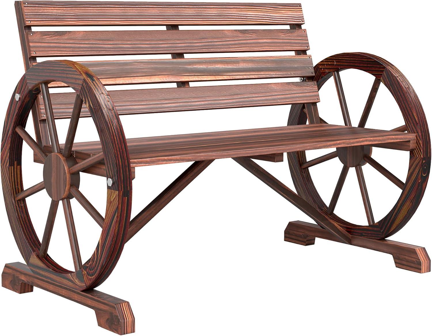 Outsunny Wooden Wagon Wheel Bench Rustic Outdoor Patio Furniture, 2-Person Seat Bench with Backrest Carbonized