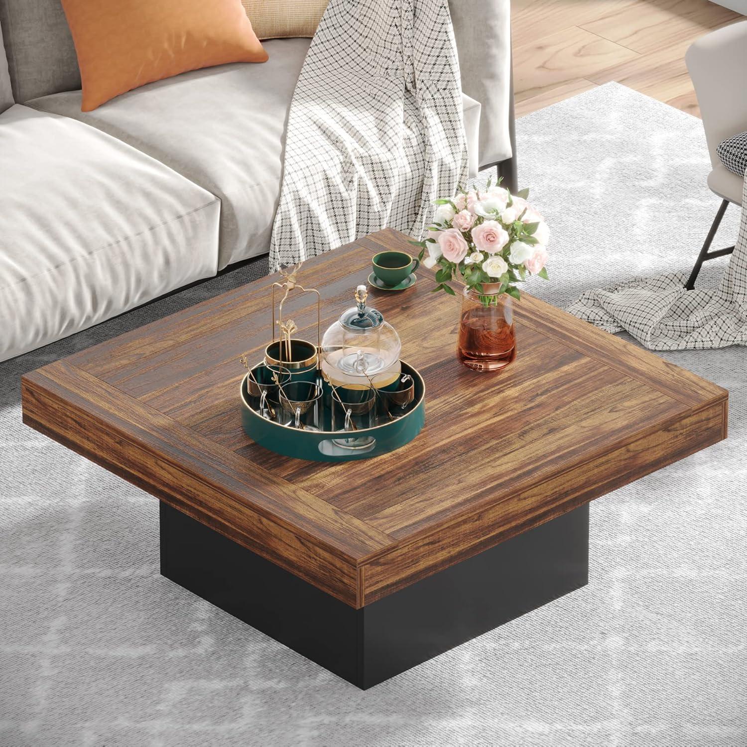 Tribesigns Squeare Coffee Table Modern LED Coffee Table Wood Coffee Table for Living Room Rustic Brown & Black Low Coffee Table