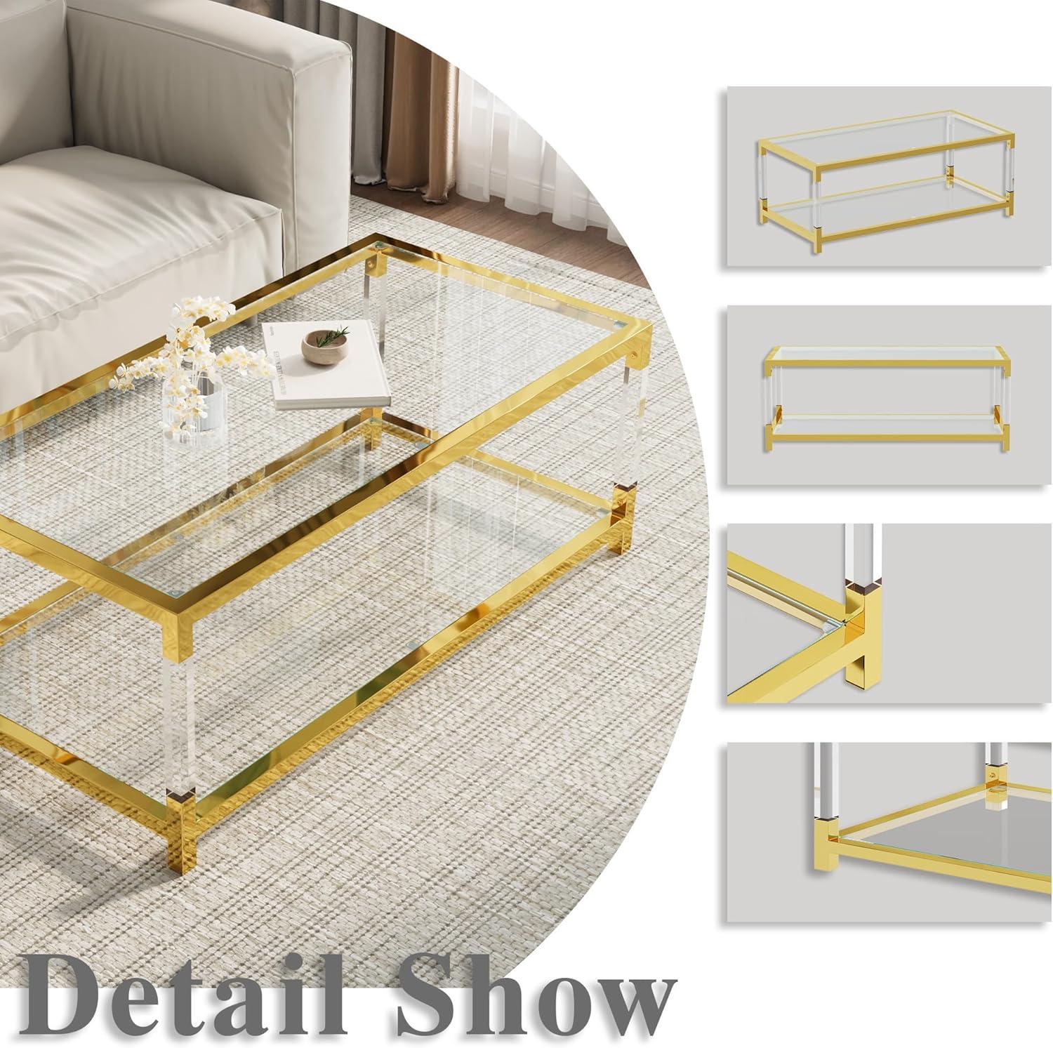 Modern Gold Glass Coffee Table with Acrylic Legs and Storage