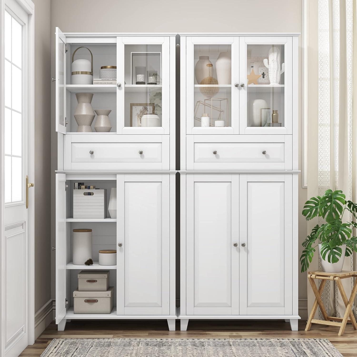 76'' White Freestanding Kitchen Pantry Cabinet with Glass Doors