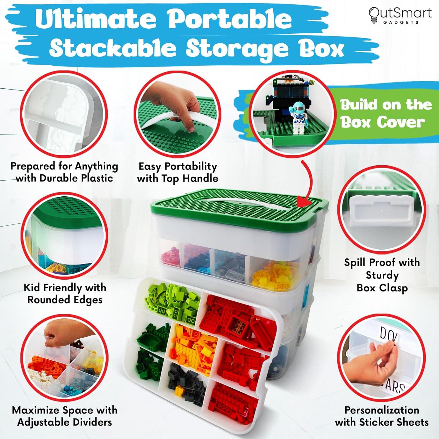 Plastic Stackable Toy Storage Organizer Bin for Lego, Building Bricks, Dolls and Crafts Organization, 3 Layers with Adjustable Compartments, ABC Stickers and 2 Lids Included