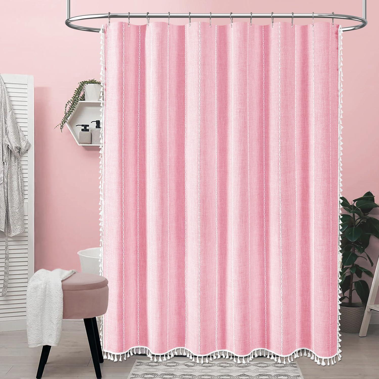 BTTN Pink Boho Shower Curtain, Linen Rustic Striped Fabric Shower Curtain Set with Tassel, Water Repellent, Bohemian Modern Farmhouse Cloth Shower Curtain for Bathroom with Hooks, 72"x72", Blush