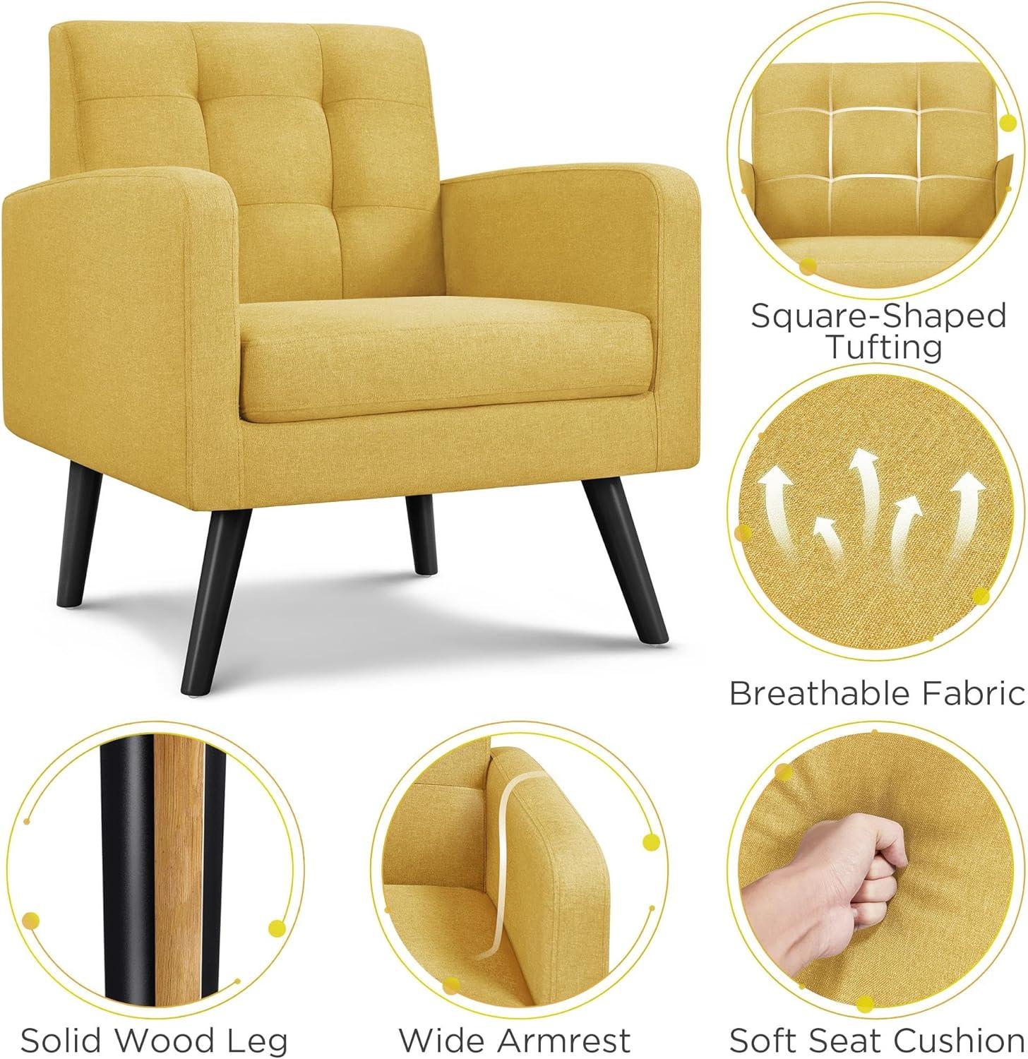Yaheetech Set of 2 Mid Century Tufted Back Accent Arm Chair with Rubberwood Legs, Yellow