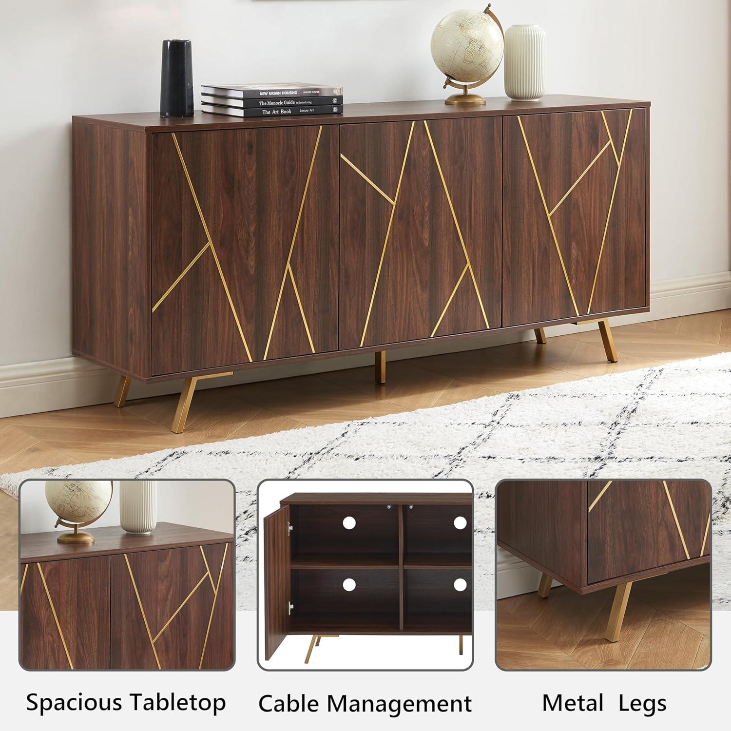 63'' Dark Walnut and Gold Mid Century Modern Sideboard Buffet