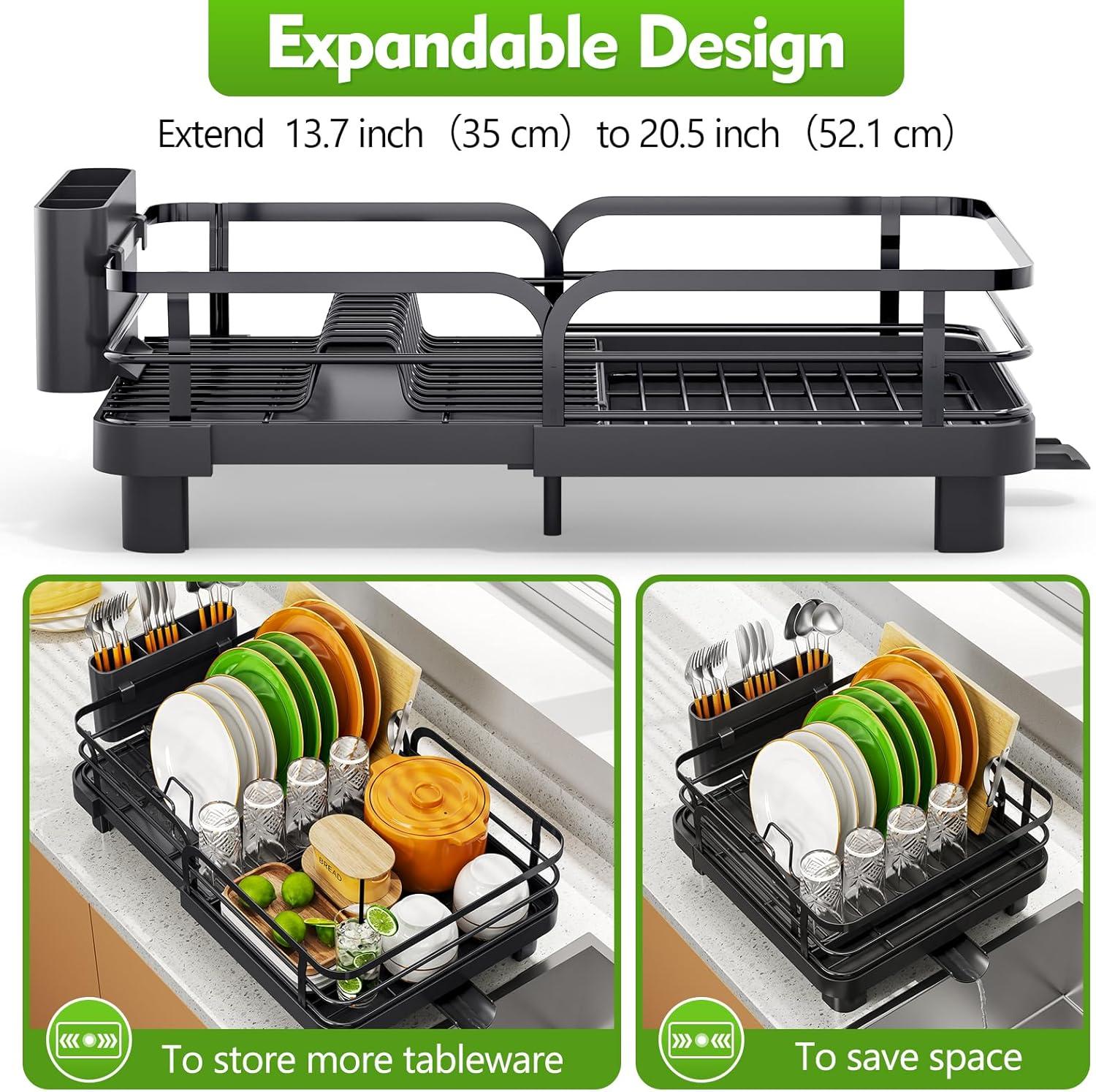 Anadea Expandable Dish Rack For Kitchen Counter, Large Dish Drainer, Stainless Steel Drying Dish Rack With Utensil Holder
