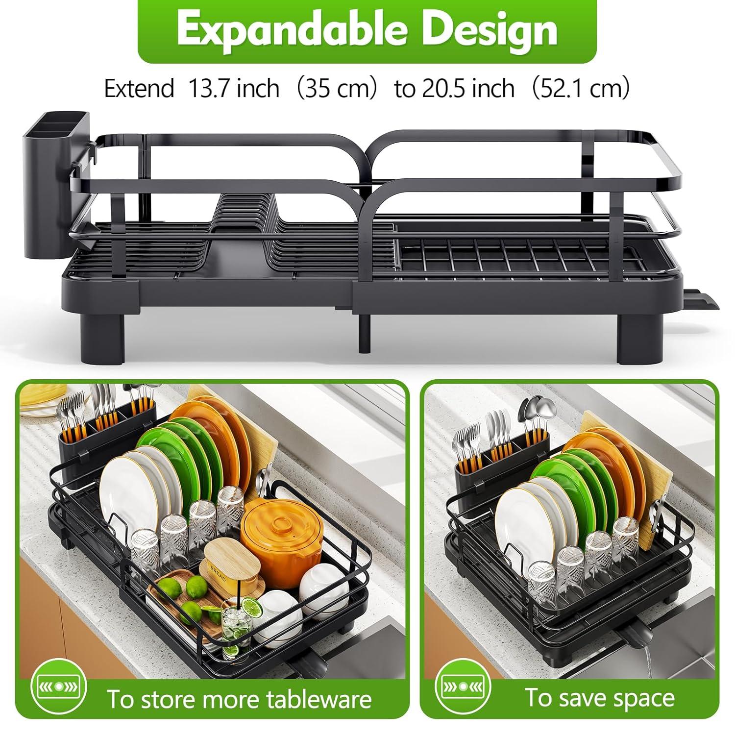 Anadea Expandable Dish Rack For Kitchen Counter, Large Dish Drainer, Stainless Steel Drying Dish Rack With Utensil Holder