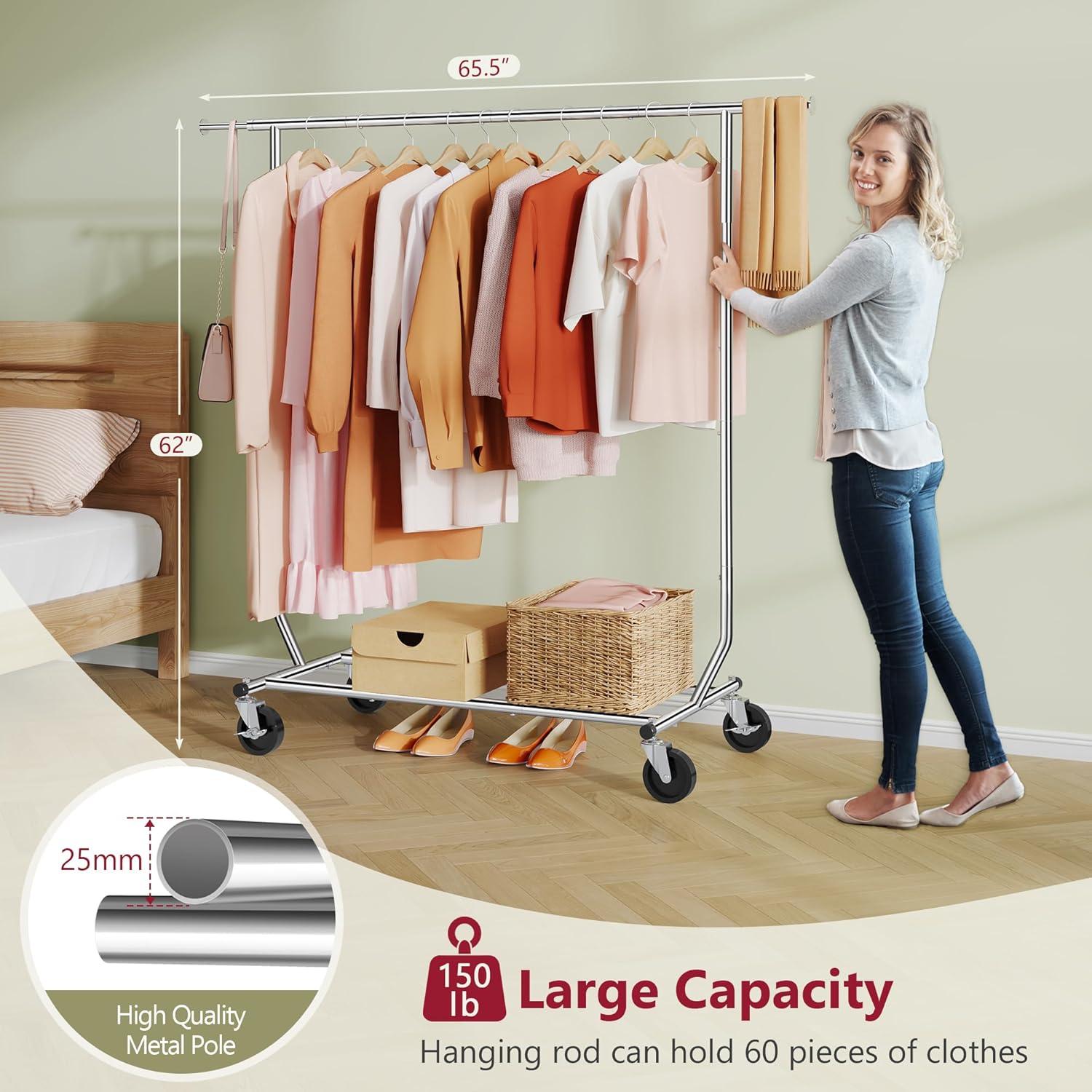 Clothing Rack Heavy Duty Clothes Rack Foldable Garment Rack with Wheels and Extendable Rod,Chrome