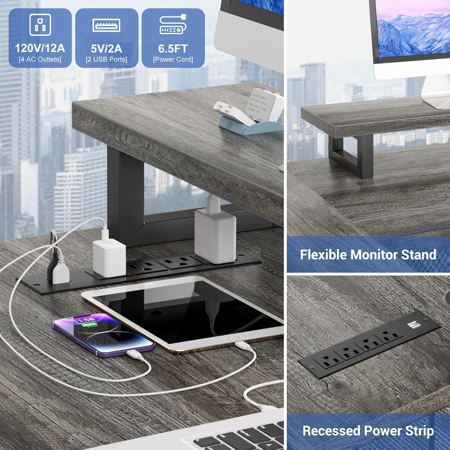 Unikito U Shaped Computer Desk with Power Outlet and LED Strip, Reversible L Shaped Office Desk with Monitor Stand and Bookshelf, Modern U- Shape Corner Desk, 130 Inch 2 Person Gaming Table, White Oak