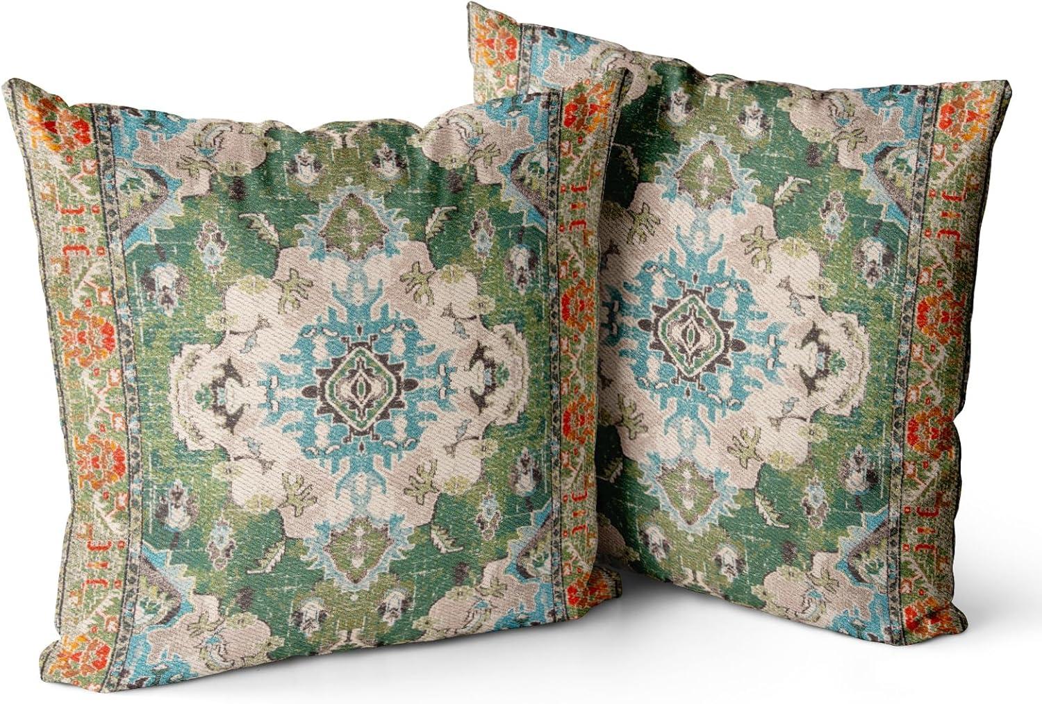 Boho Green Throw Pillow Covers 18x18 inch Set of 2,Bohemian Carpet Double Sided Pattern Soft Plush Cushion Cover for Couch Sofa Bed Decorative,Only Pillowcase (No Insert)